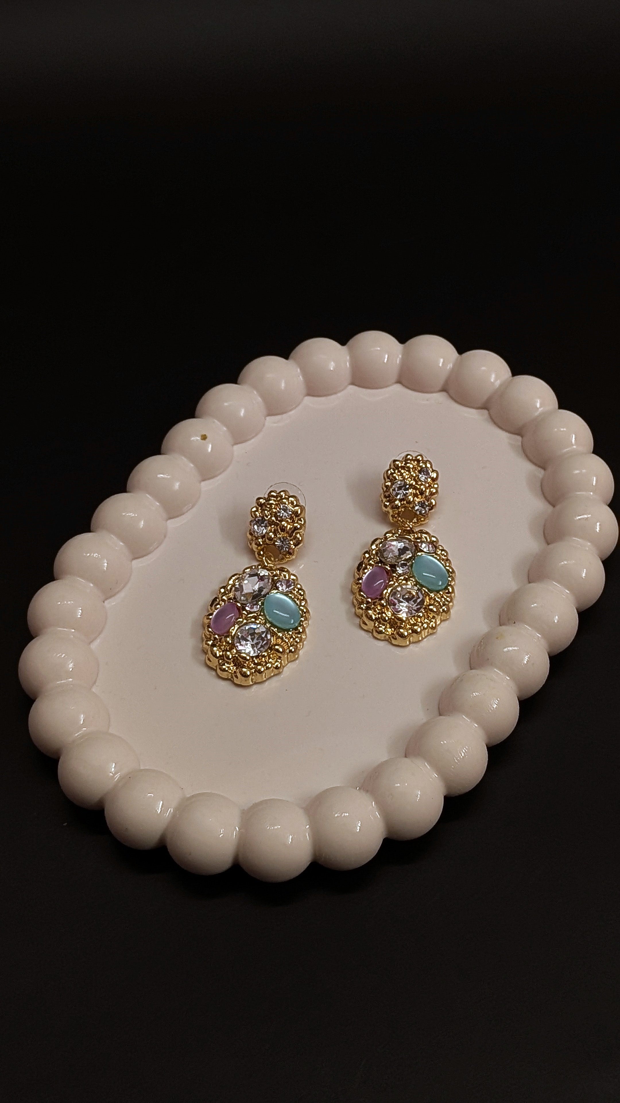 Multicolor Stone-Studded Oval Drop Earrings – Golden Finish
