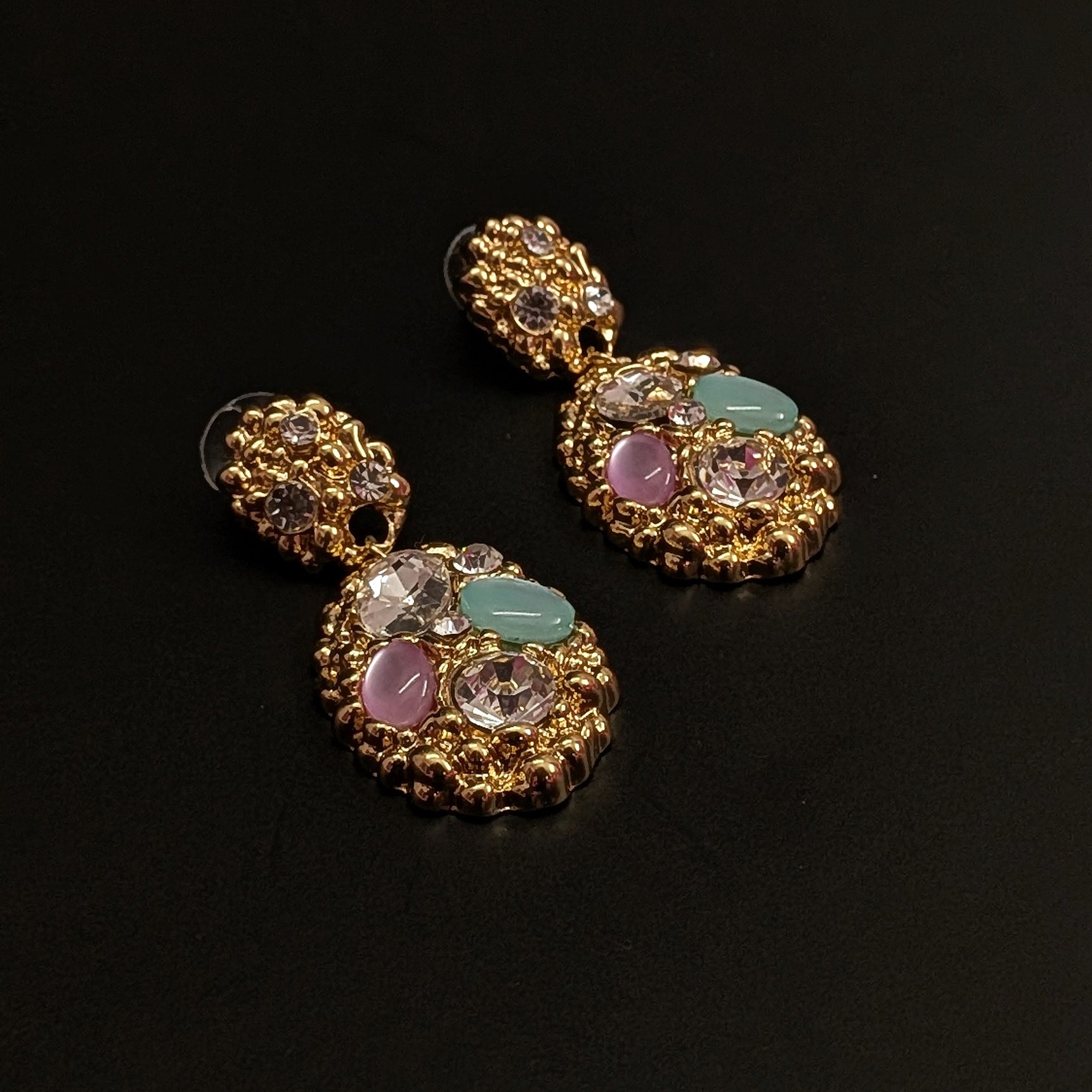 Multicolor Stone-Studded Oval Drop Earrings – Golden Finish