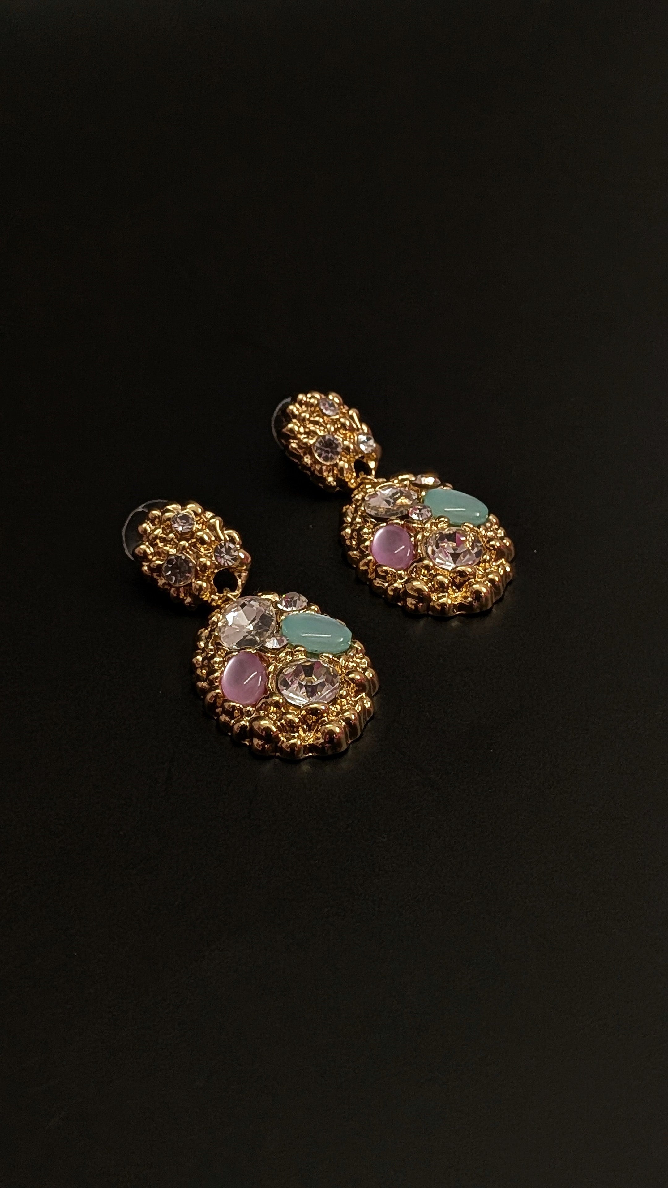 Multicolor Stone-Studded Oval Drop Earrings – Golden Finish