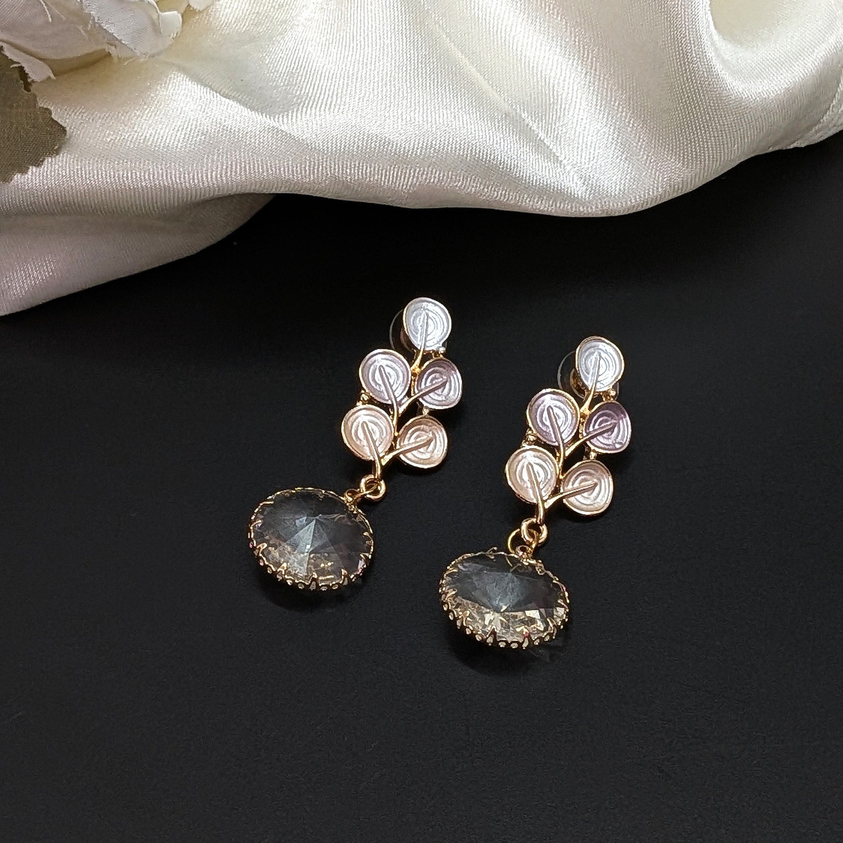 Elegant Leaf Crystal Drop Earrings – Pink & Grey