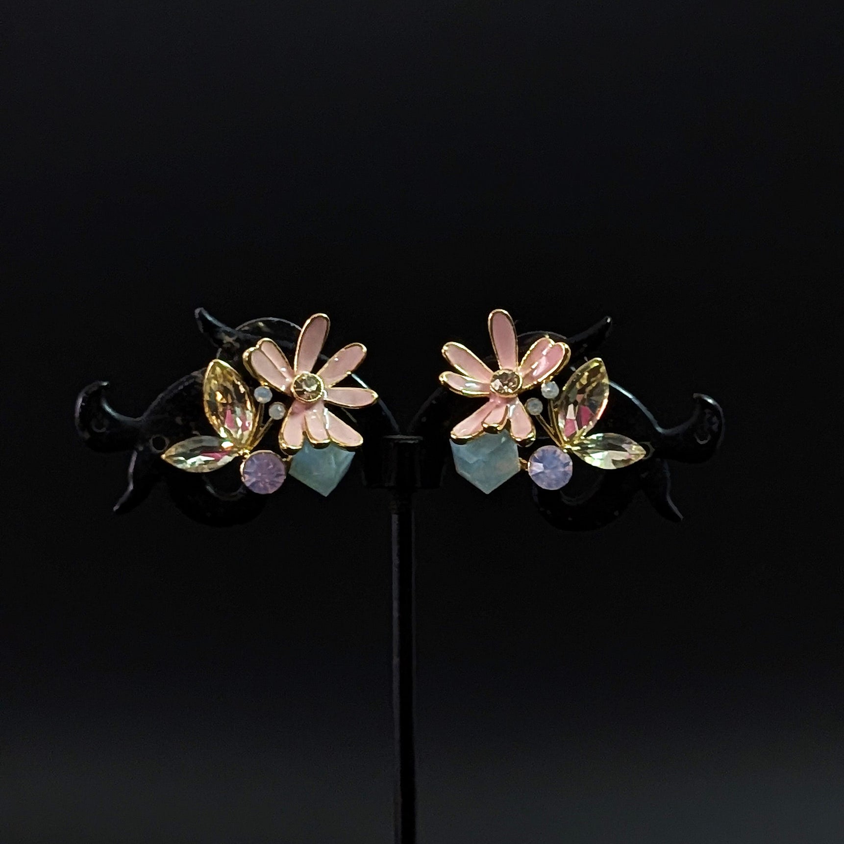 Pink Floral Crystal Stud Earrings with Pastel Stones – Elegant Daily & Party Wear