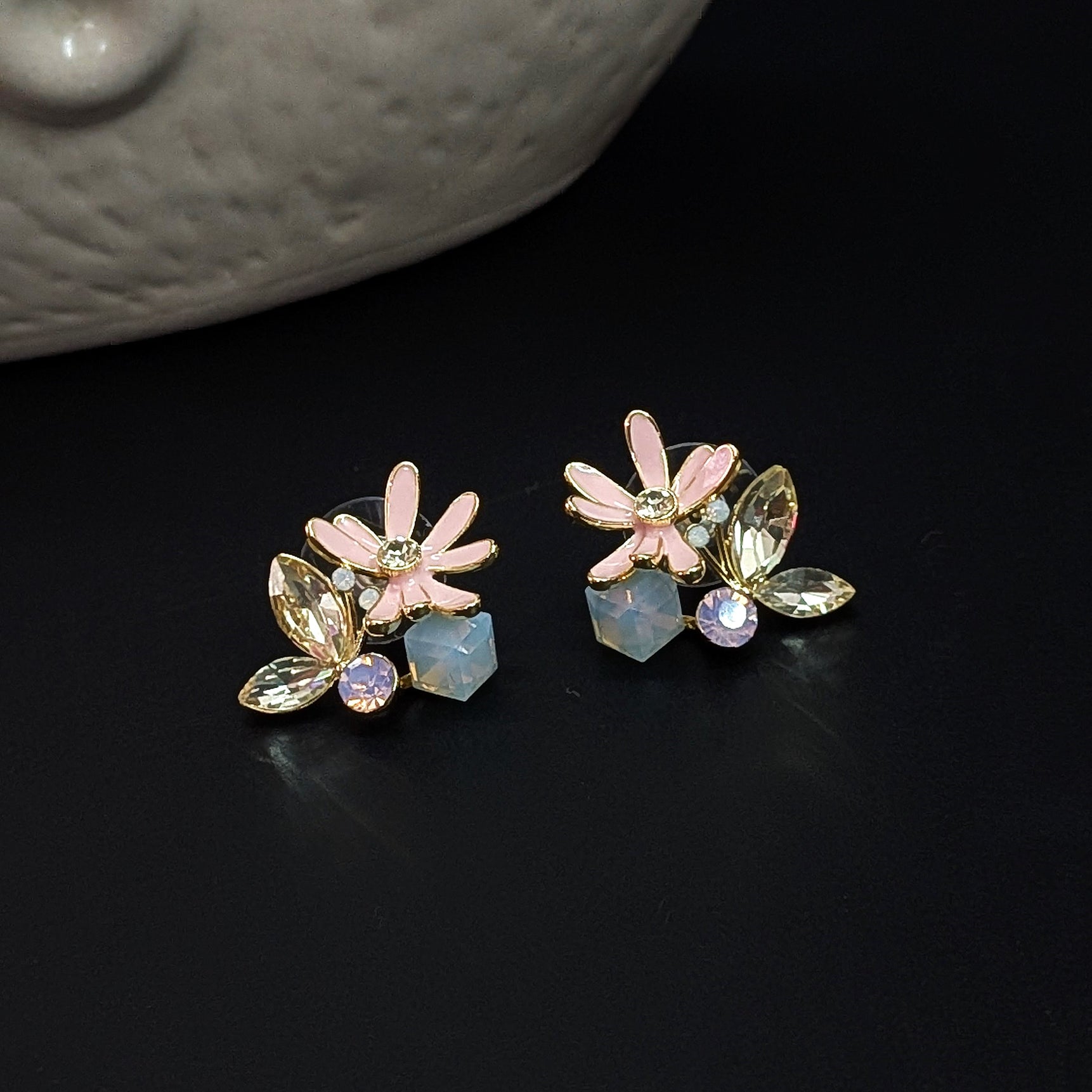 Pink Floral Crystal Stud Earrings with Pastel Stones – Elegant Daily & Party Wear
