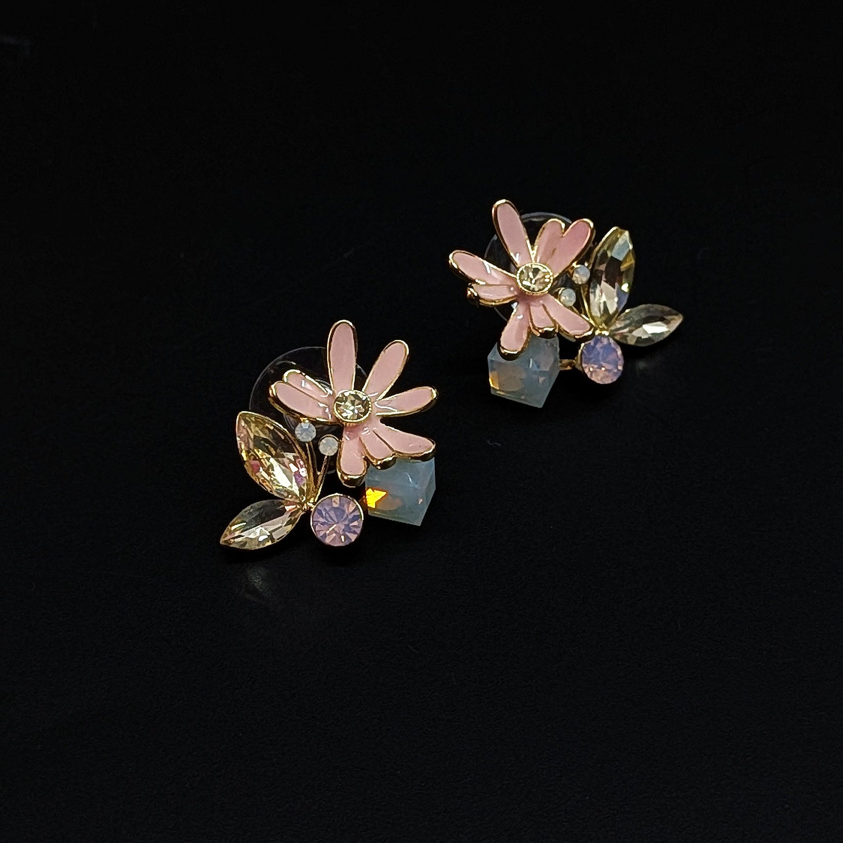 Pink Floral Crystal Stud Earrings with Pastel Stones – Elegant Daily & Party Wear