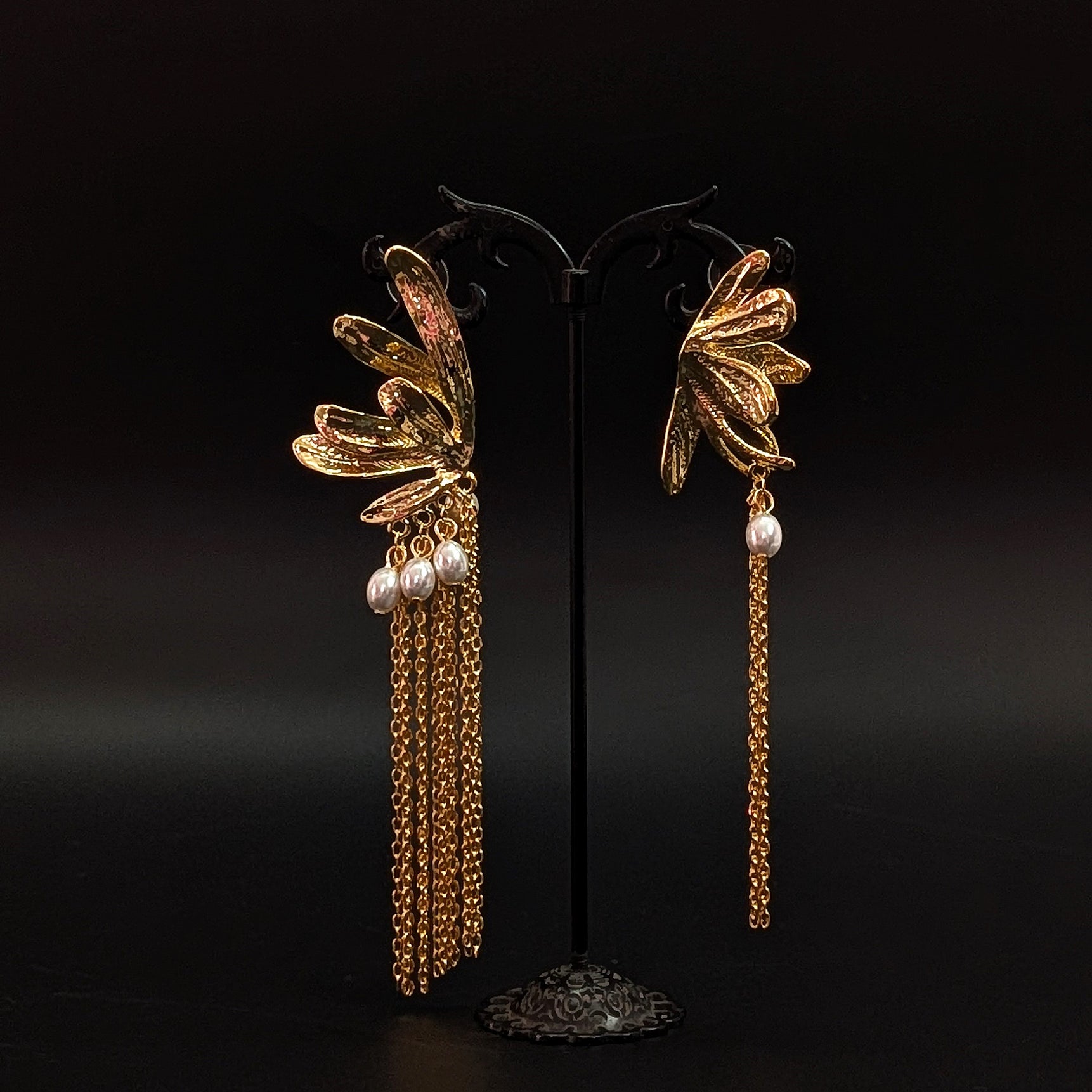 Golden Wings Drop Earrings with Pearls & Long Tassel Chains