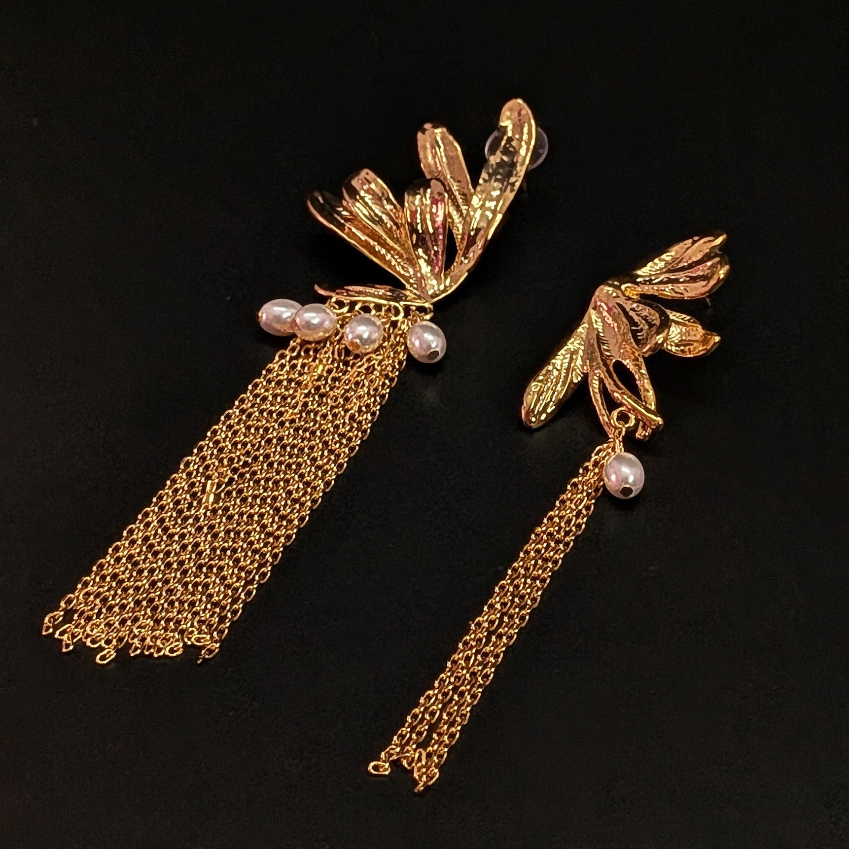 Golden Wings Drop Earrings with Pearls & Long Tassel Chains