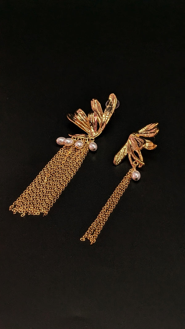 Golden Wings Drop Earrings with Pearls & Long Tassel Chains