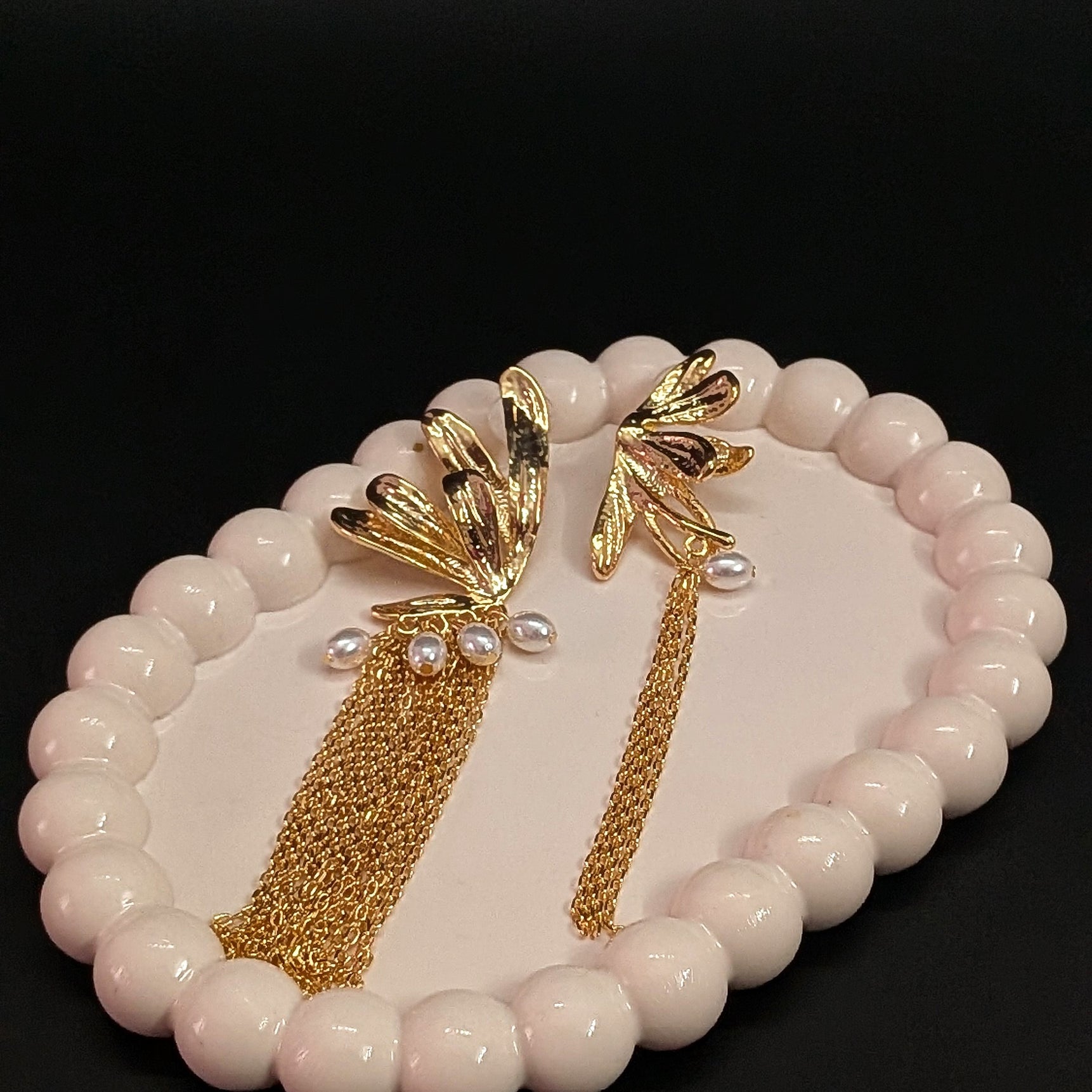 Golden Wings Drop Earrings with Pearls & Long Tassel Chains