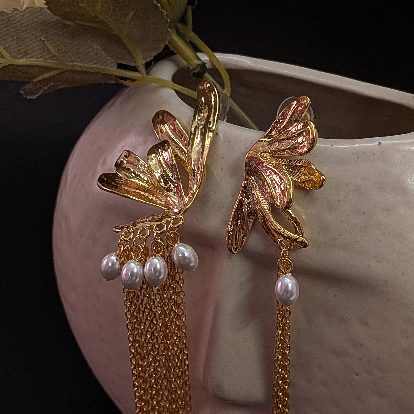 Golden Wings Drop Earrings with Pearls & Long Tassel Chains