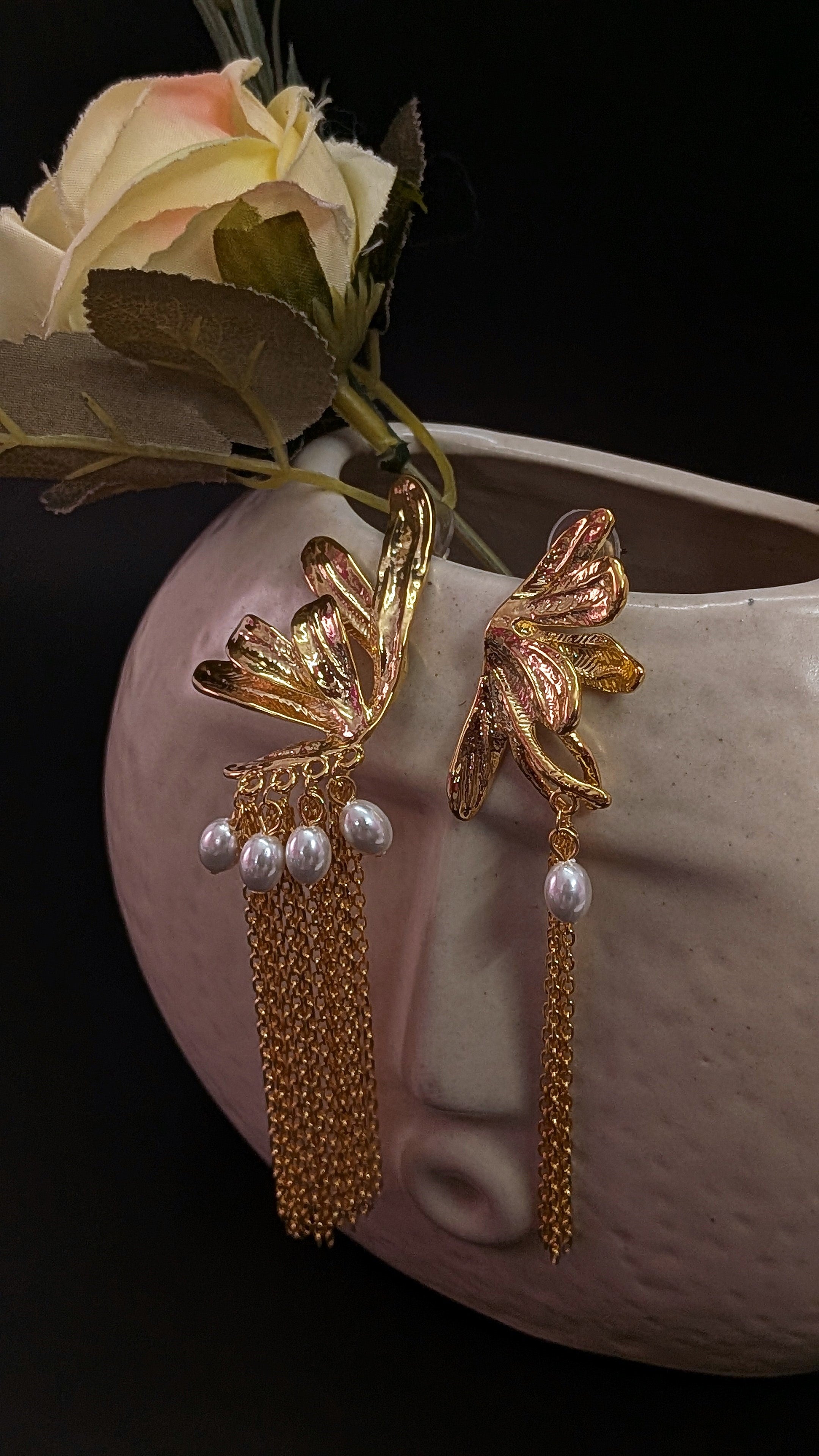 Golden Wings Drop Earrings with Pearls & Long Tassel Chains