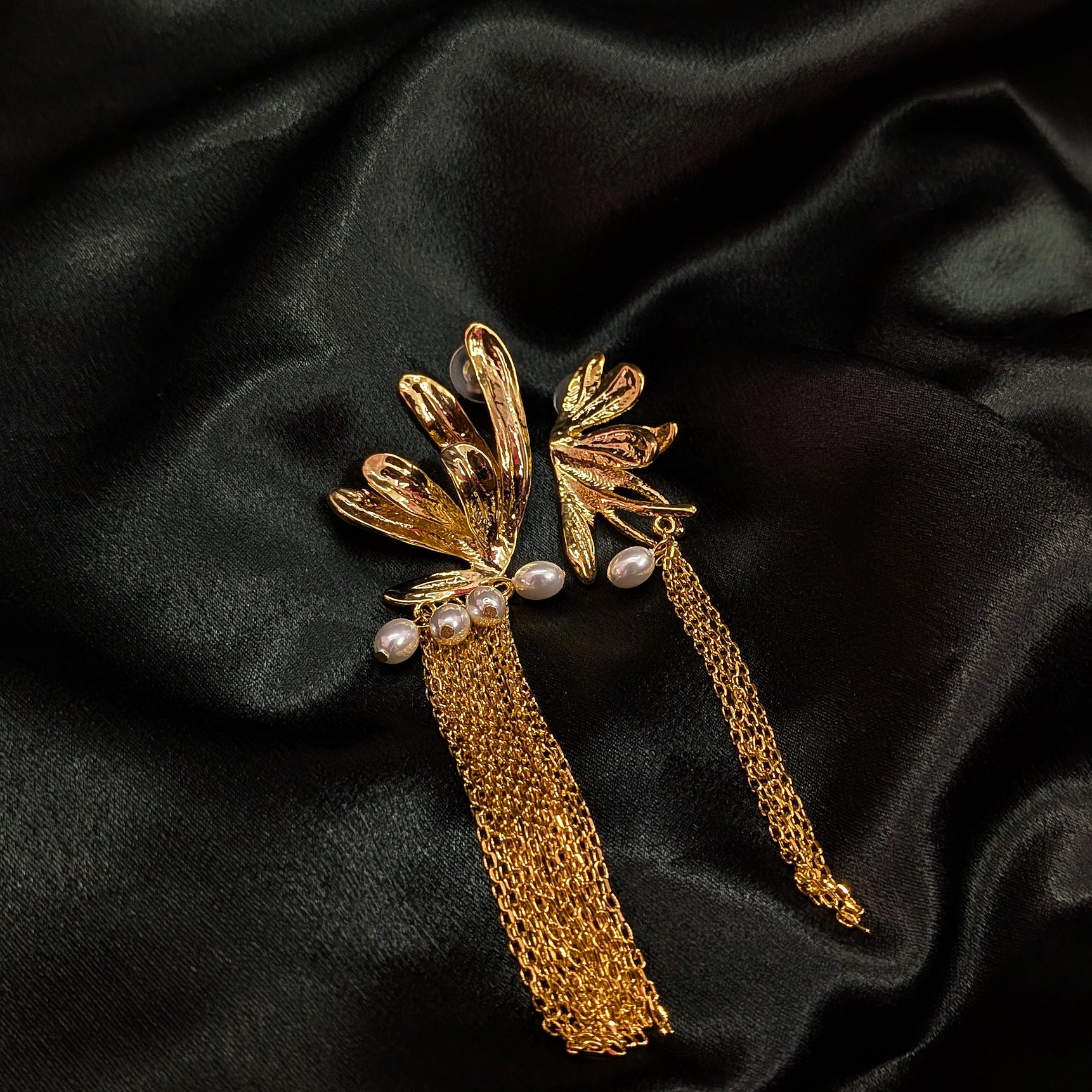 Golden Wings Drop Earrings with Pearls & Long Tassel Chains