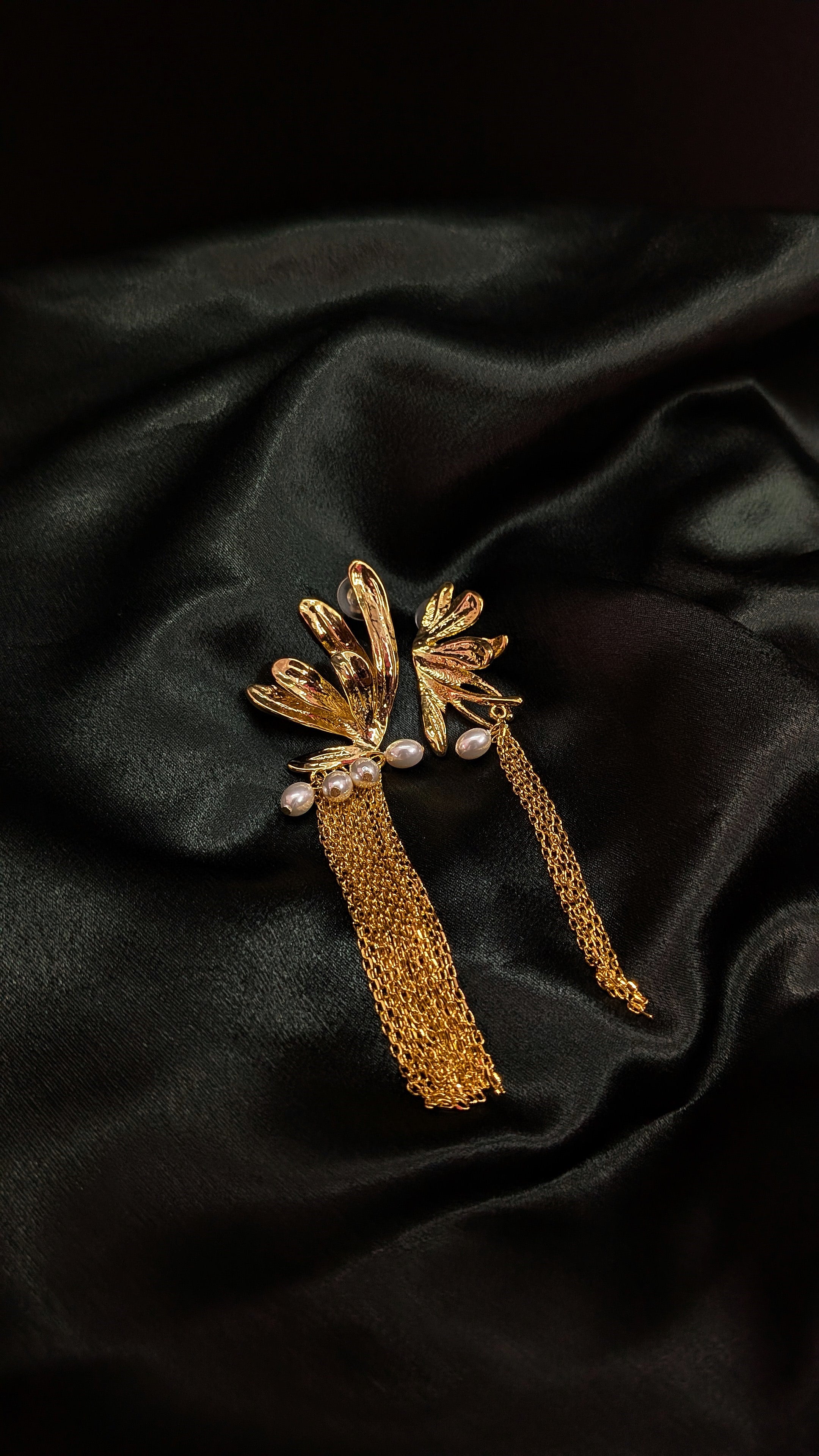 Golden Wings Drop Earrings with Pearls & Long Tassel Chains
