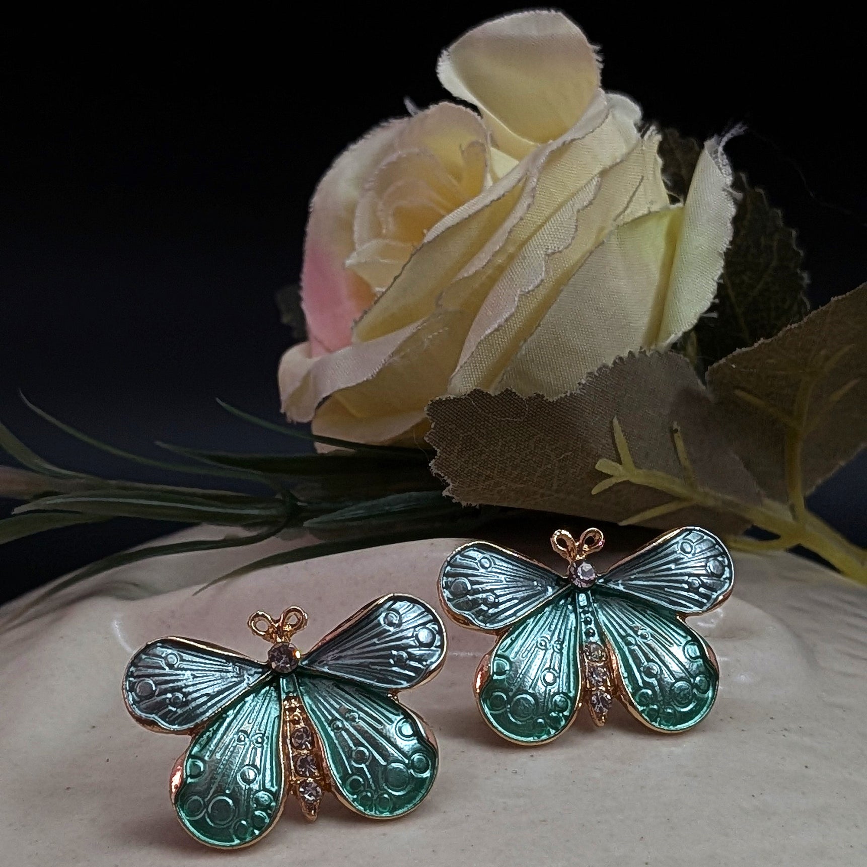 Green Butterfly Enamel Stud Earrings