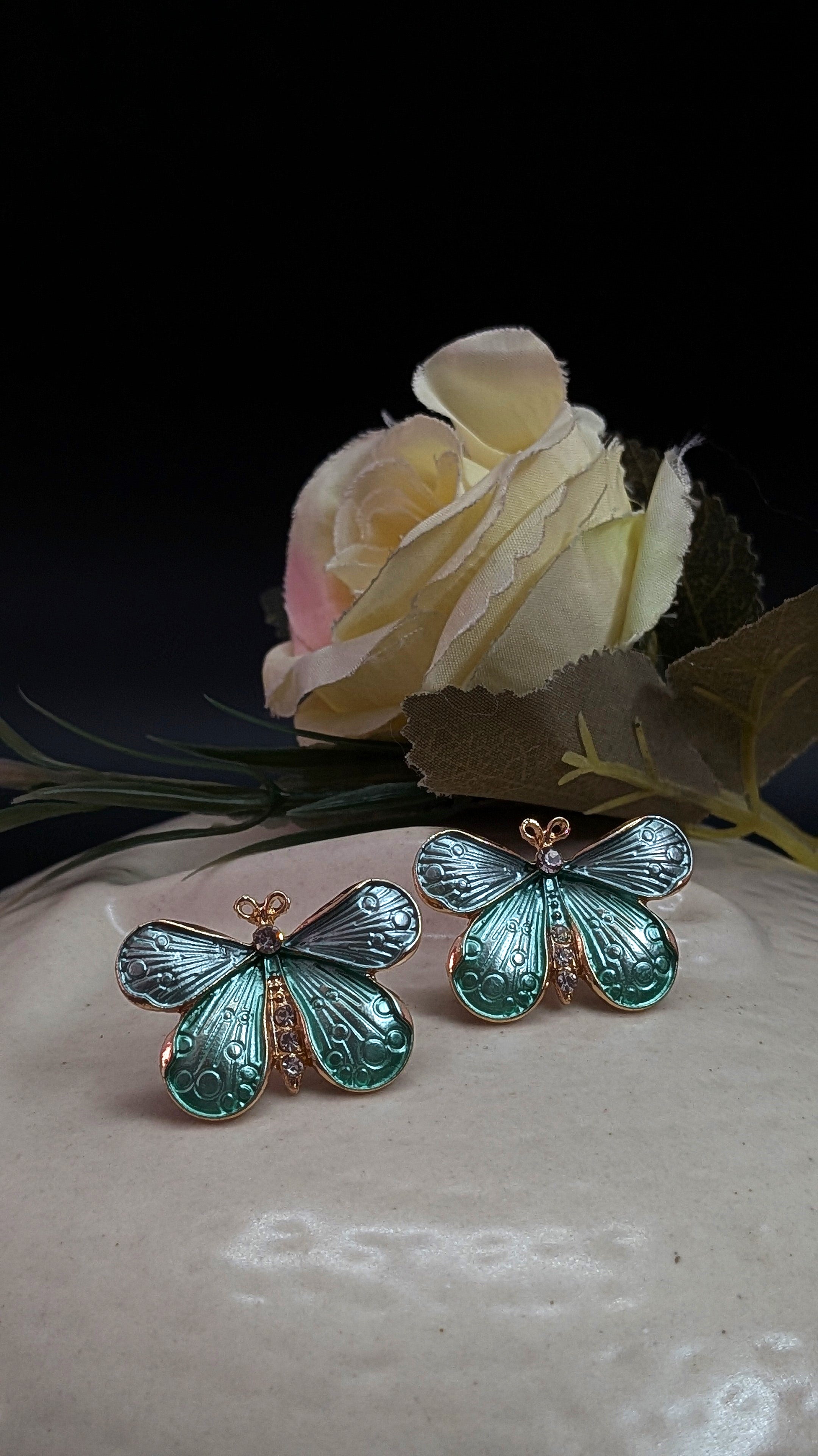 Green Butterfly Enamel Stud Earrings