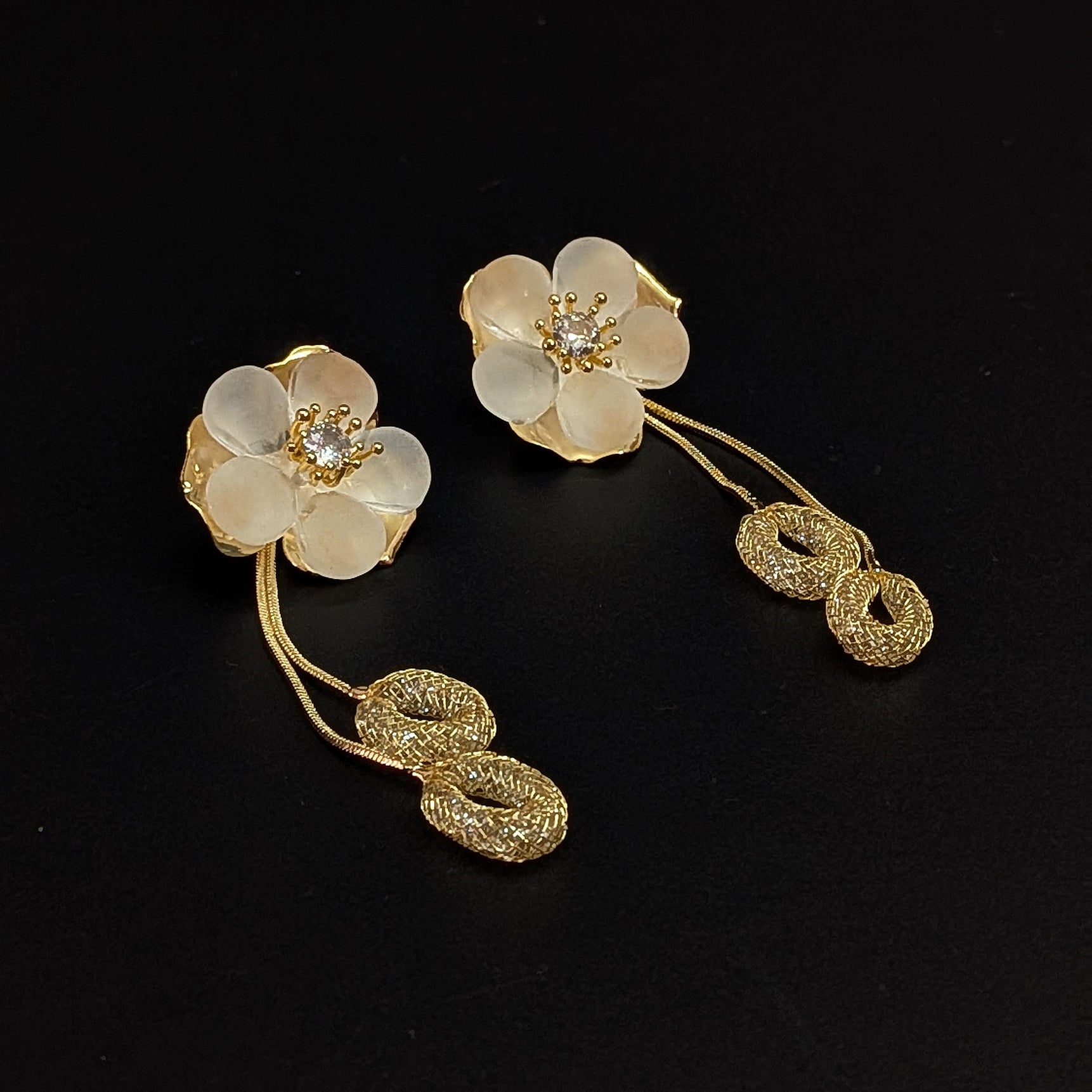 Elegant White Floral Drop Earrings with Golden Dangles