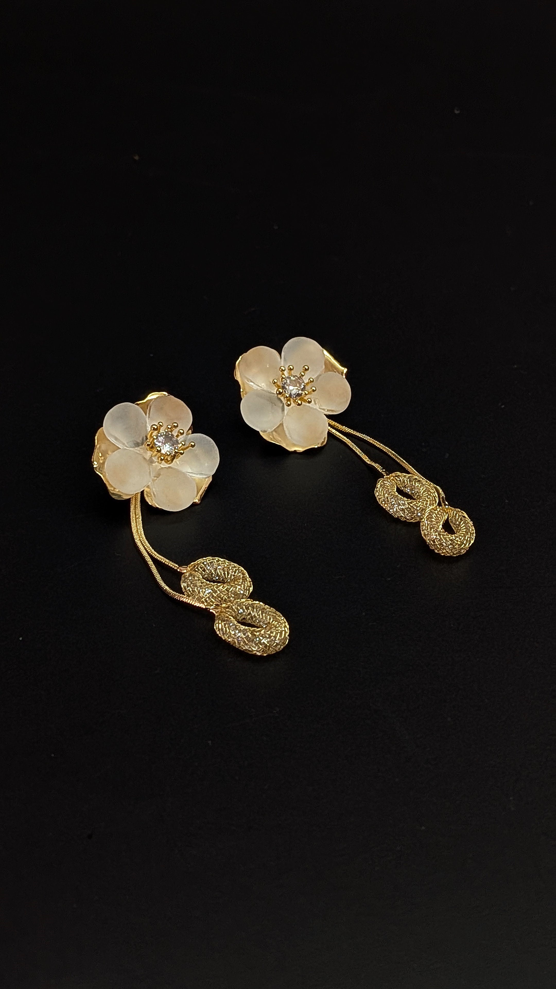 Elegant White Floral Drop Earrings with Golden Dangles