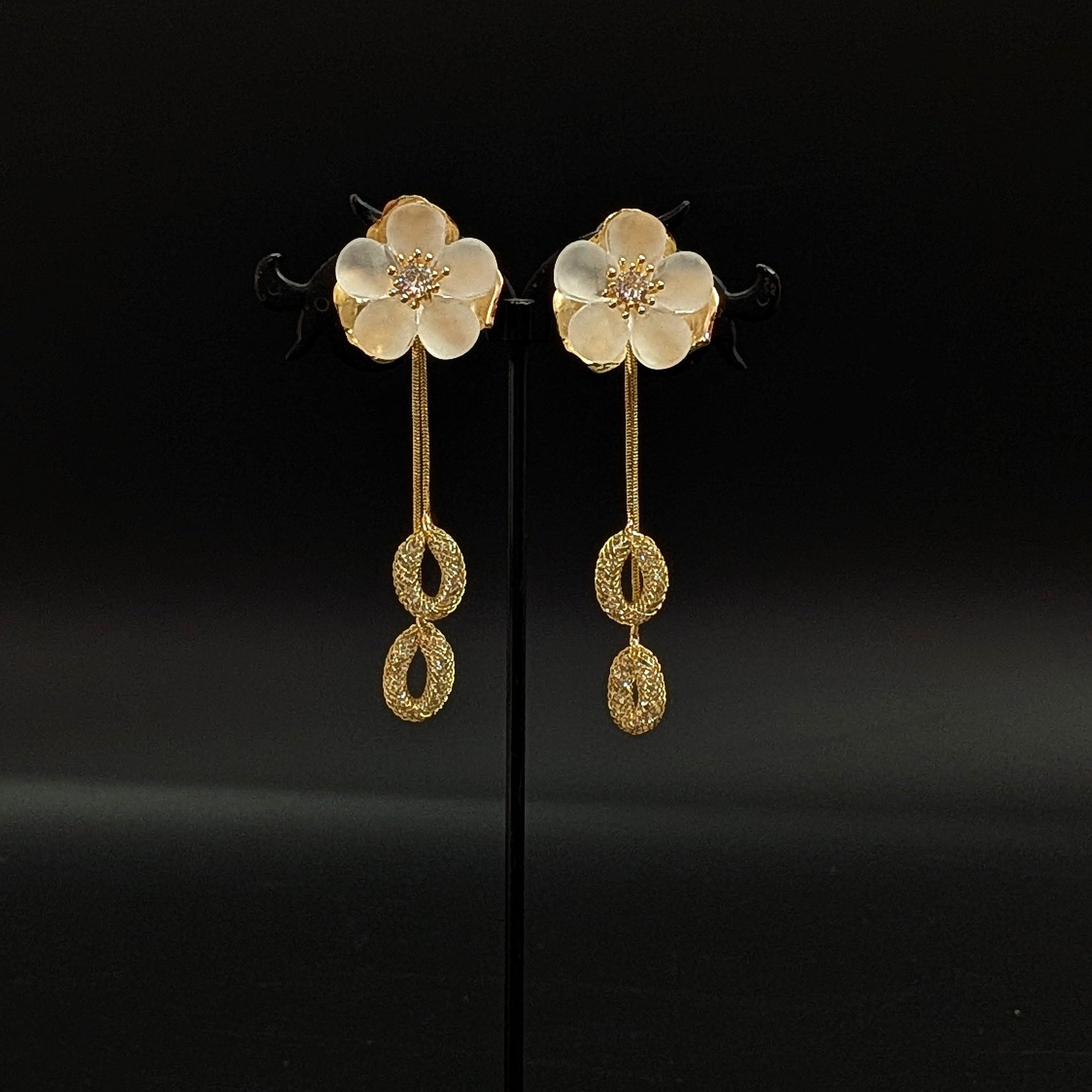 Elegant White Floral Drop Earrings with Golden Dangles