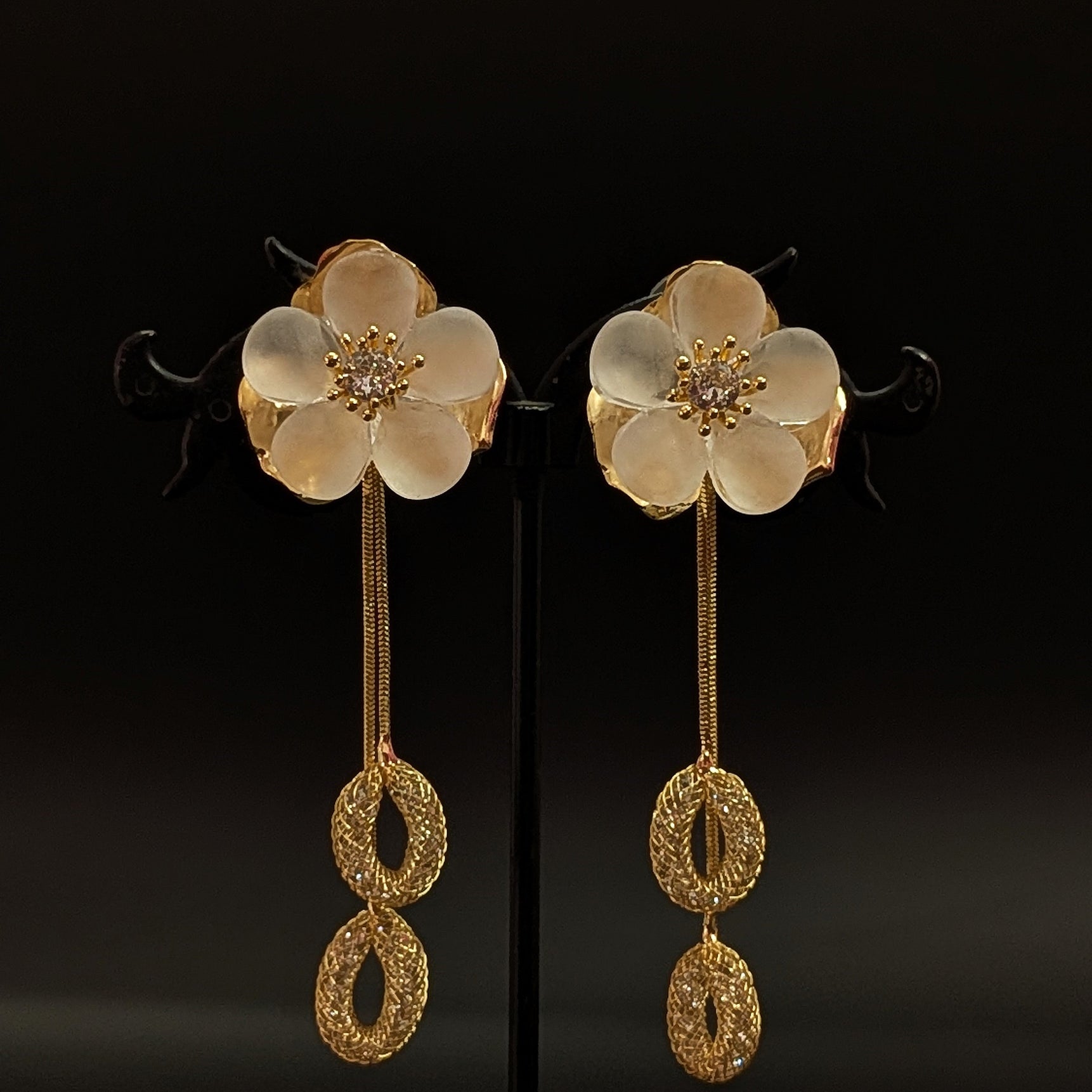 Elegant White Floral Drop Earrings with Golden Dangles