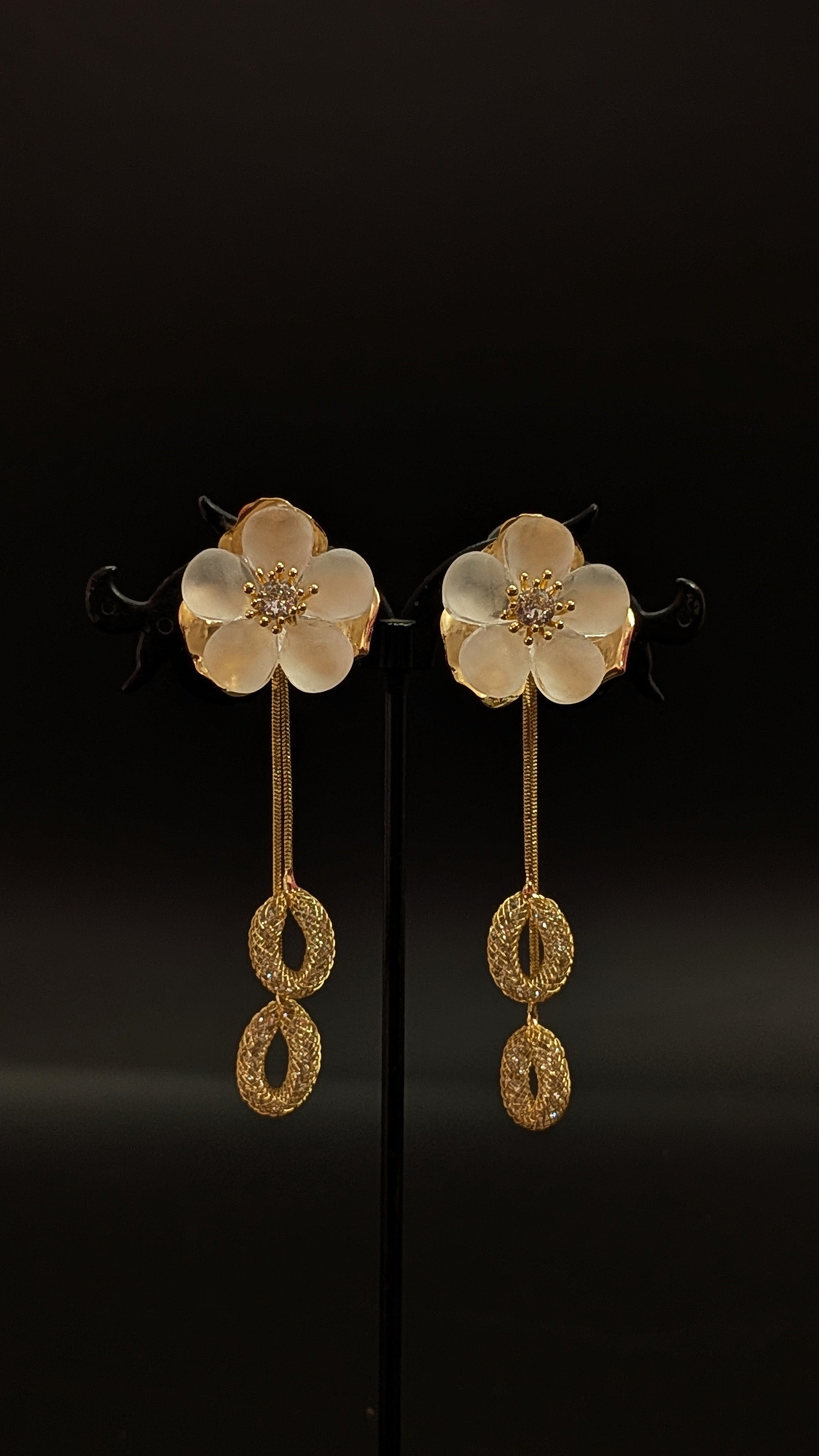 Elegant White Floral Drop Earrings with Golden Dangles