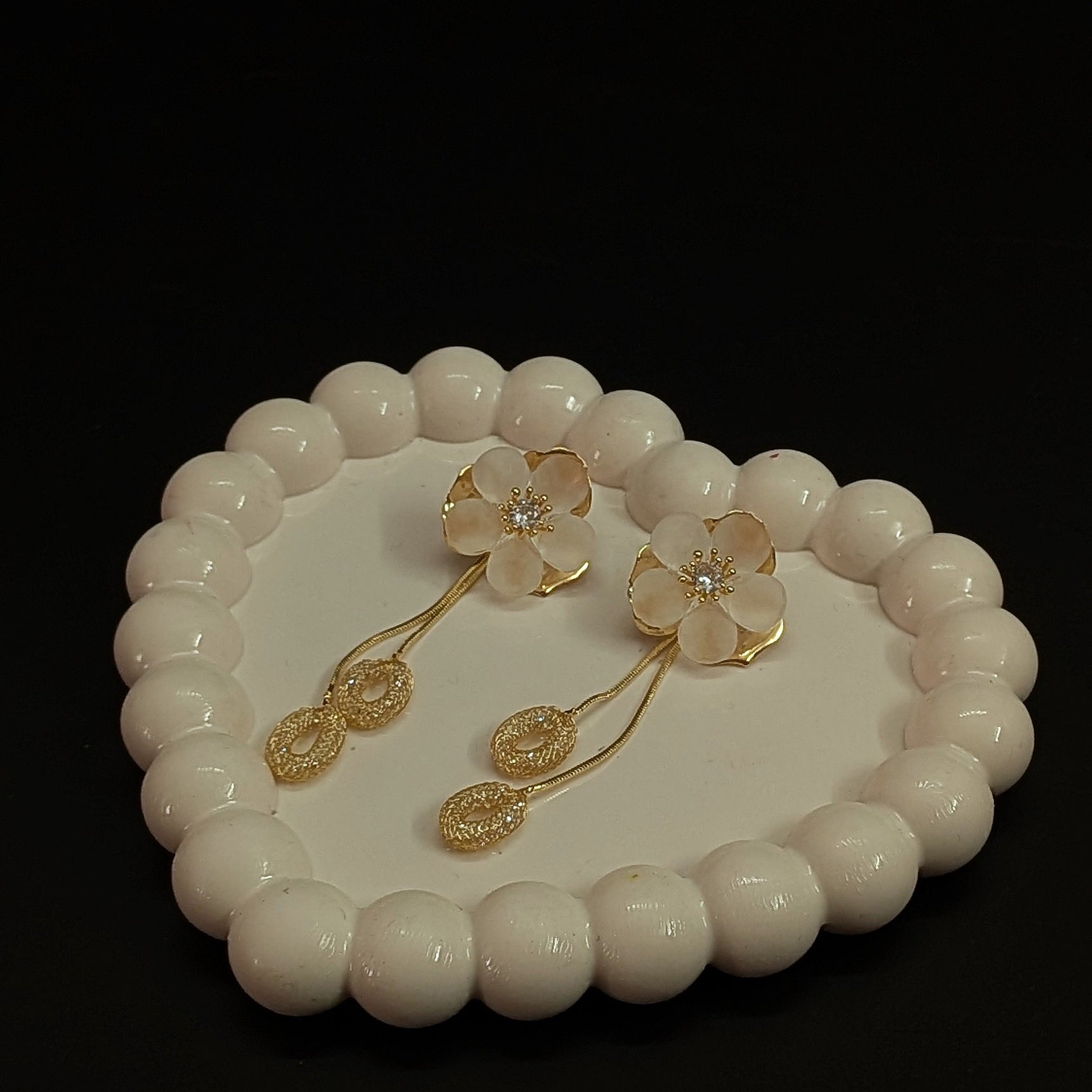 Elegant White Floral Drop Earrings with Golden Dangles