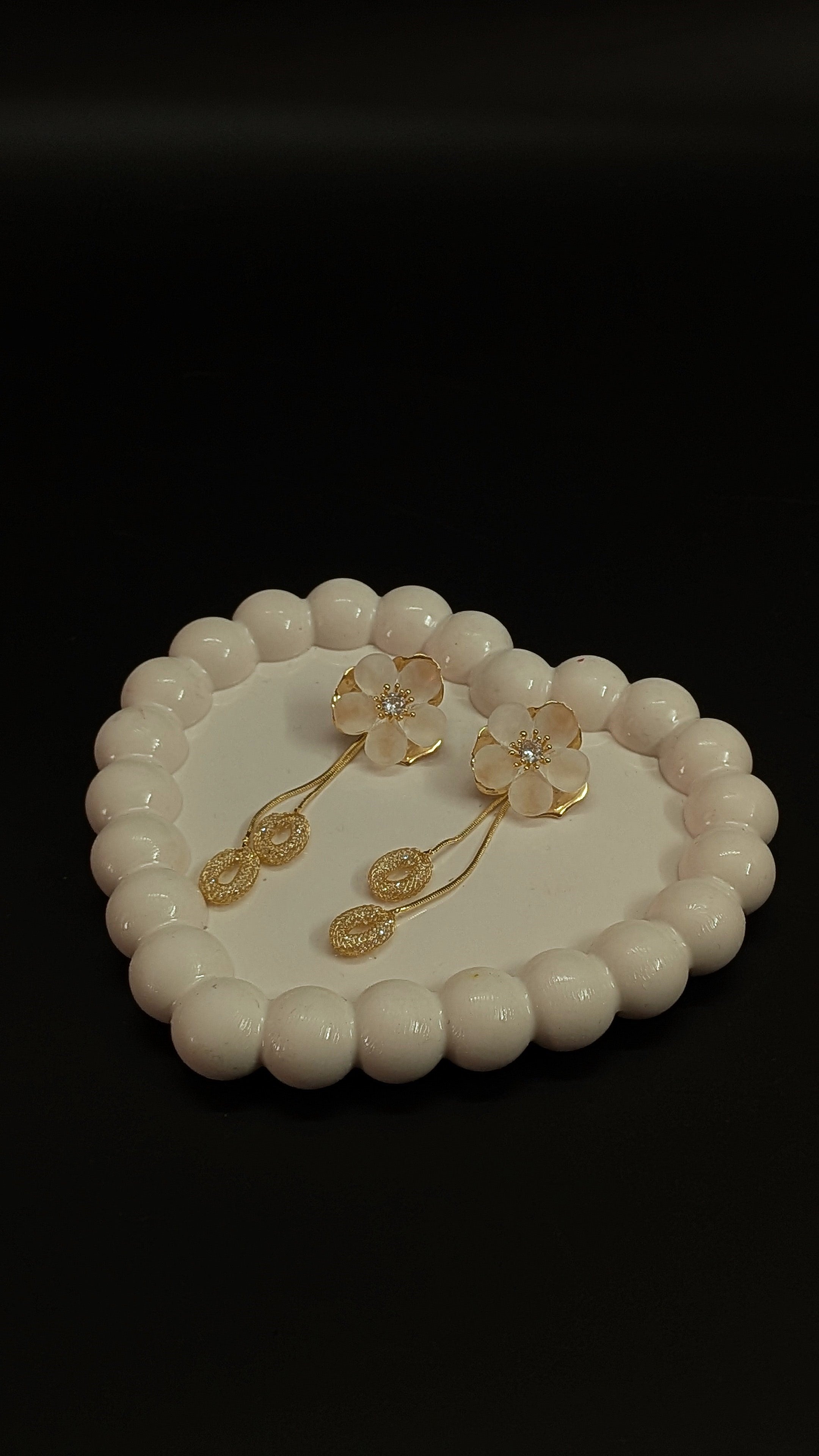 Elegant White Floral Drop Earrings with Golden Dangles