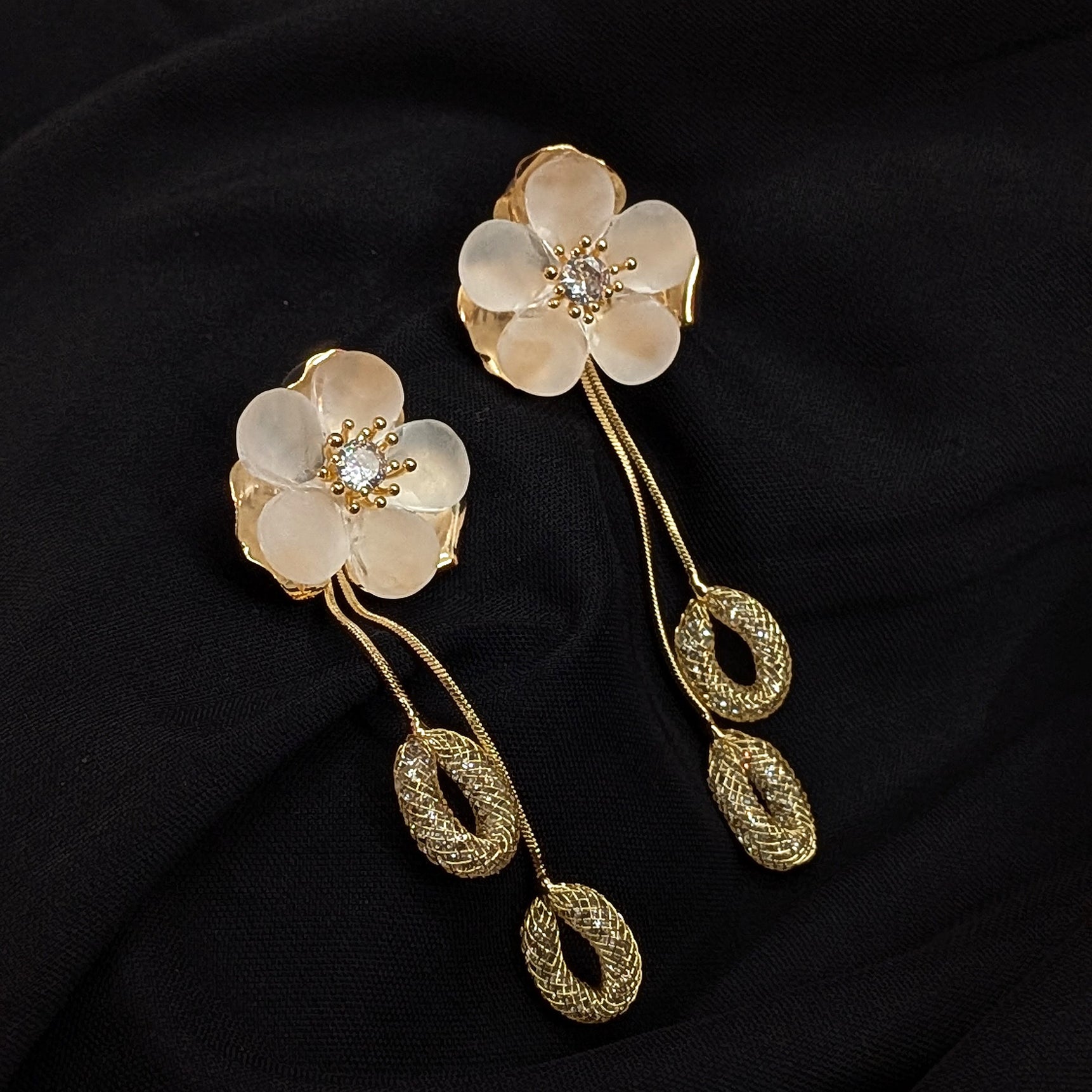 Elegant White Floral Drop Earrings with Golden Dangles