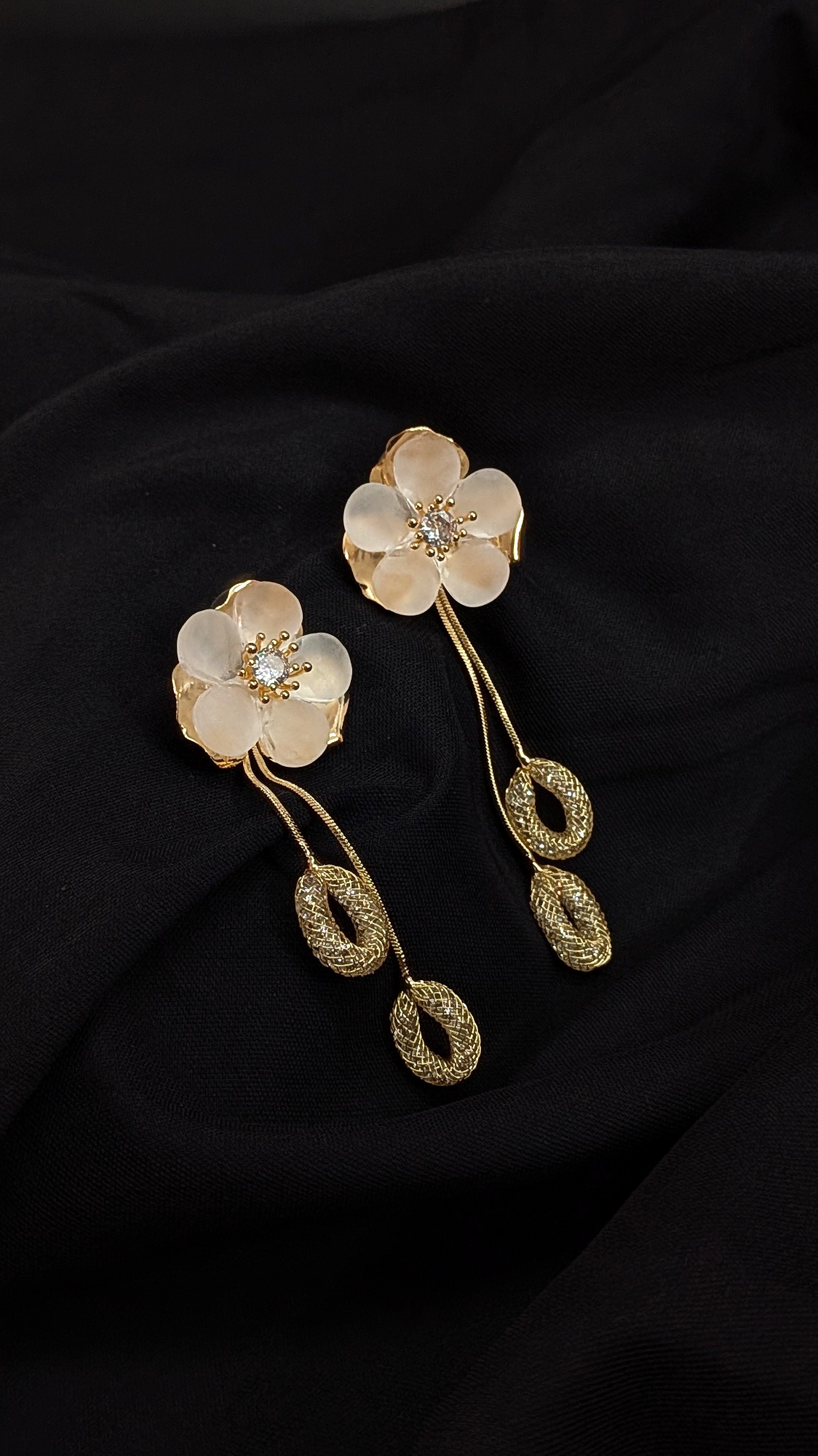 Elegant White Floral Drop Earrings with Golden Dangles