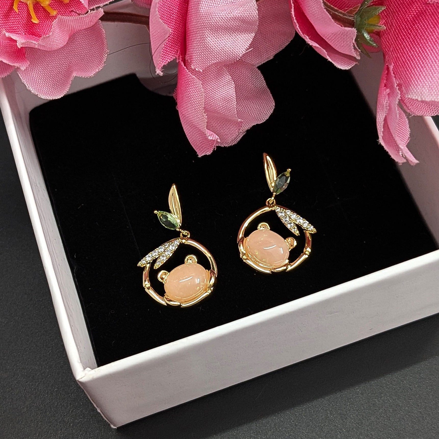 Peach Drop Bear Earrings with Green Leaf Studs