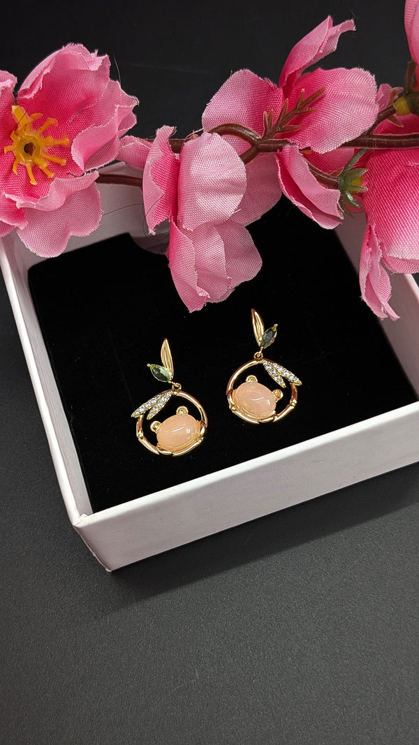 Peach Drop Bear Earrings with Green Leaf Studs