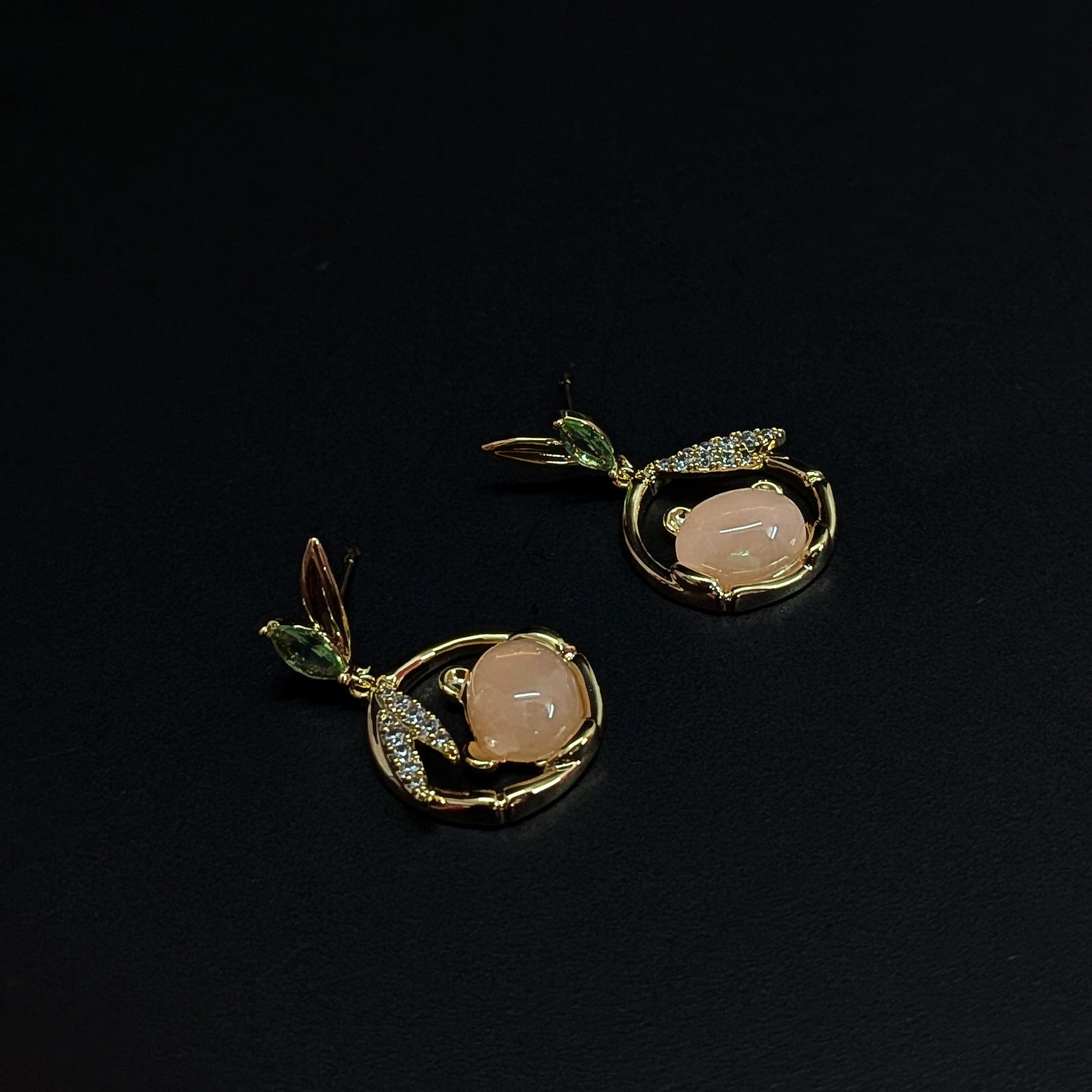 Peach Drop Bear Earrings with Green Leaf Studs