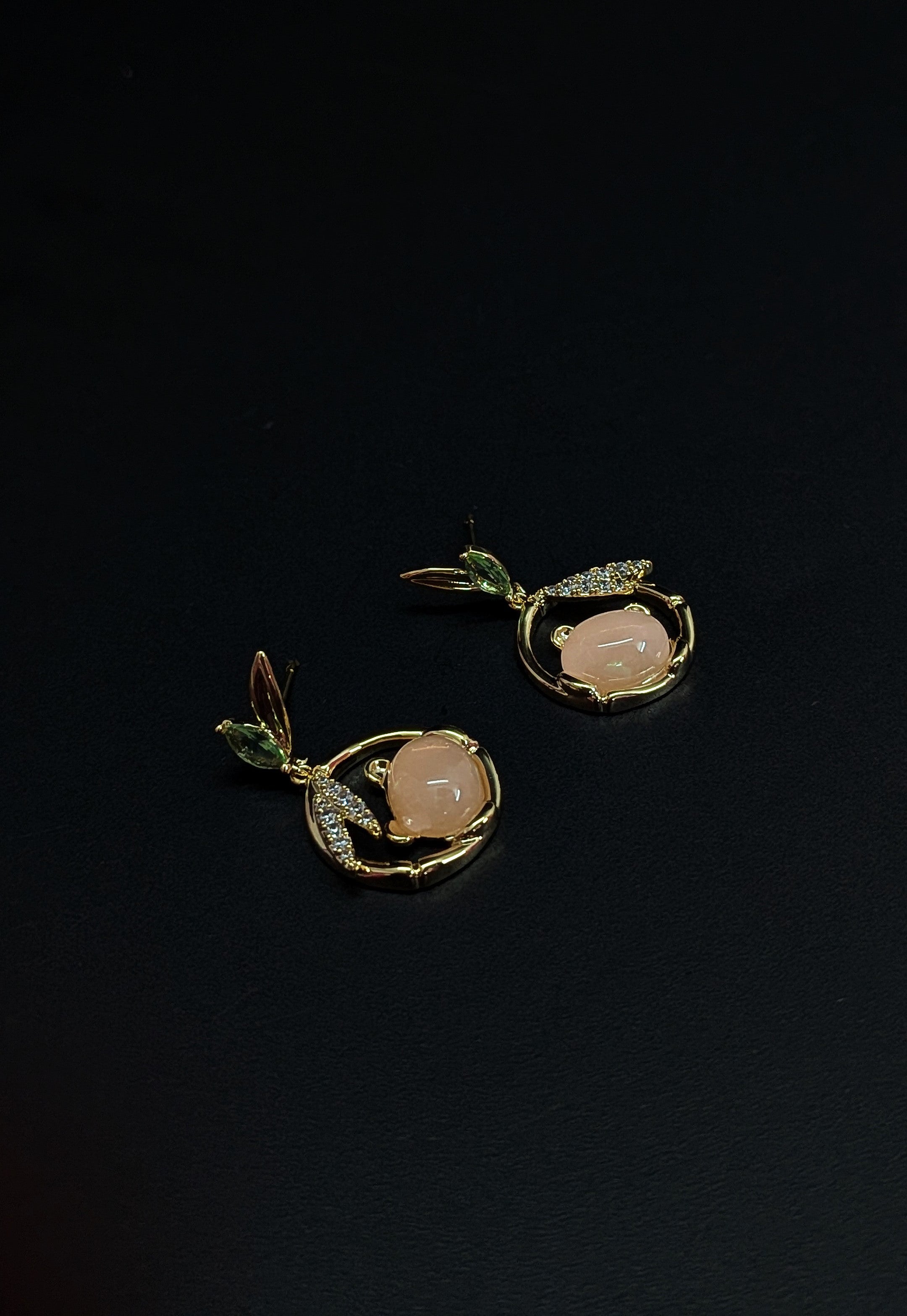 Peach Drop Bear Earrings with Green Leaf Studs