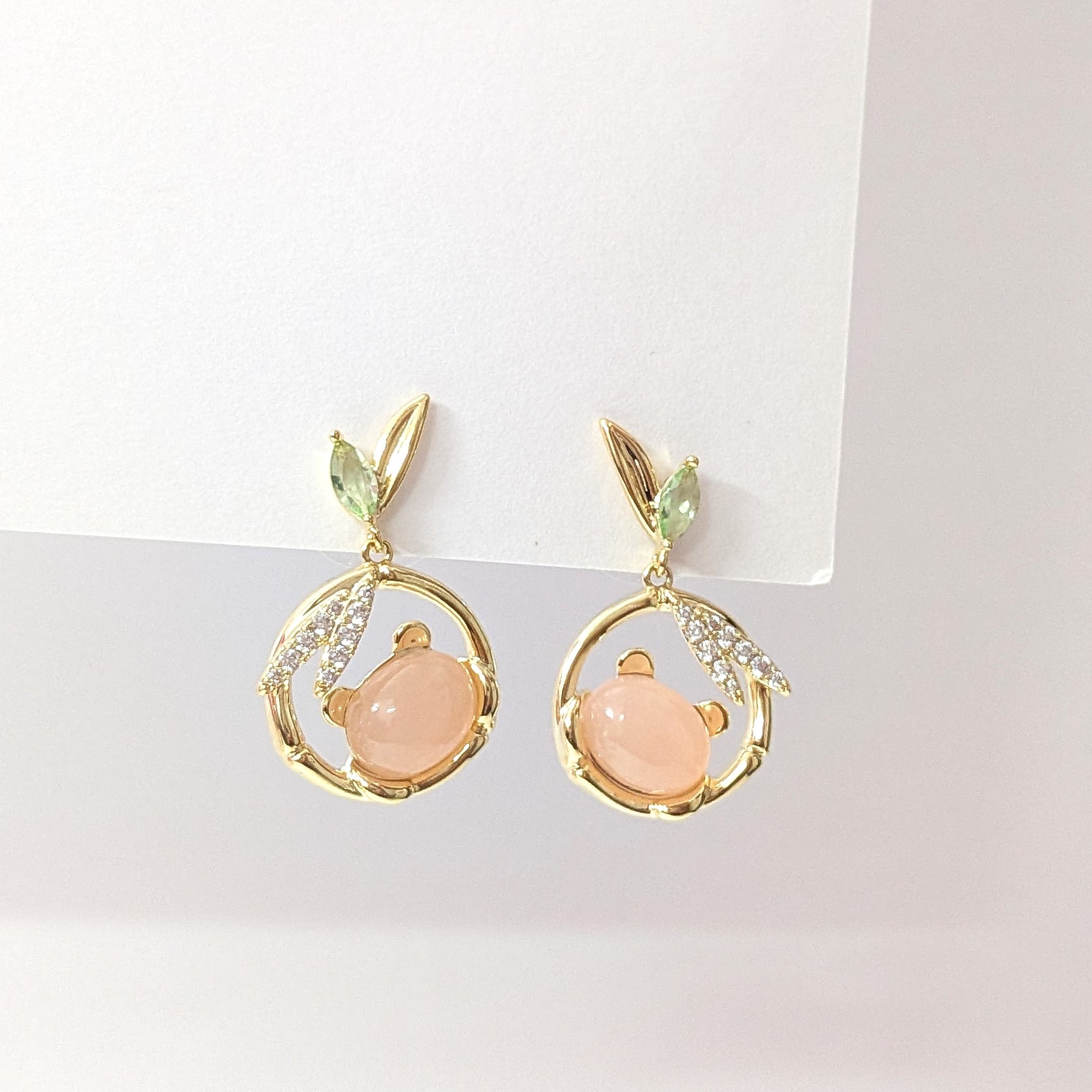 Peach Drop Bear Earrings with Green Leaf Studs