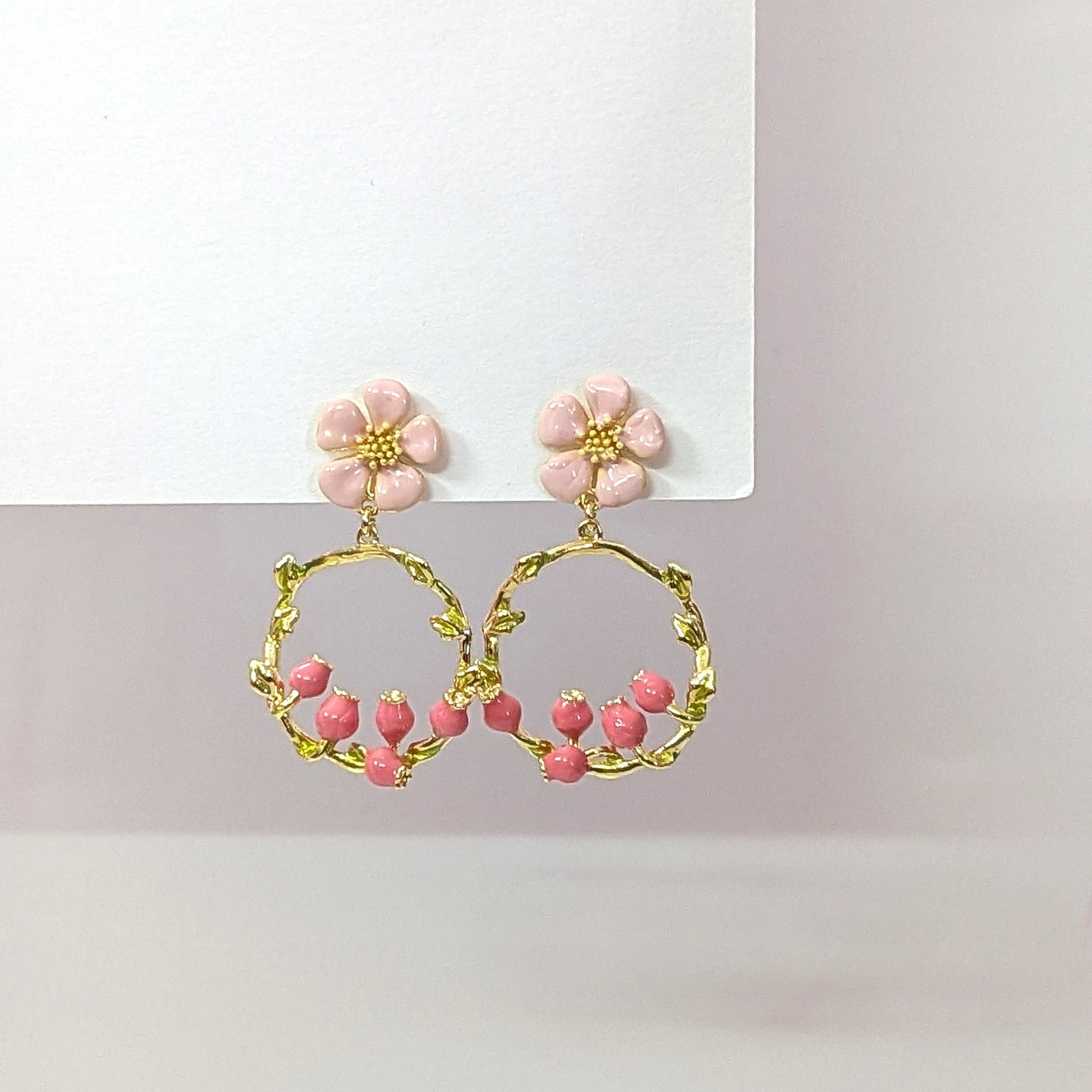 Pink Gold Dainty Floral Hoop Earrings