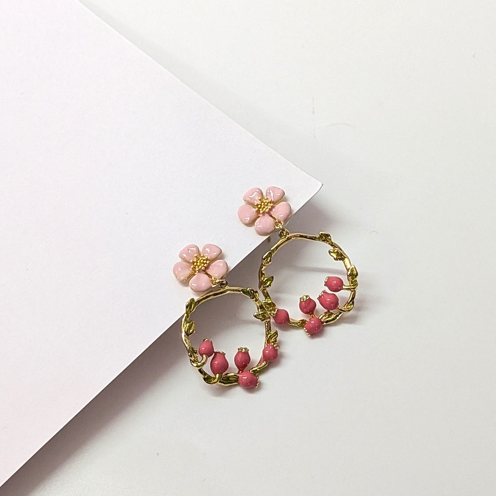 Pink Gold Dainty Floral Hoop Earrings