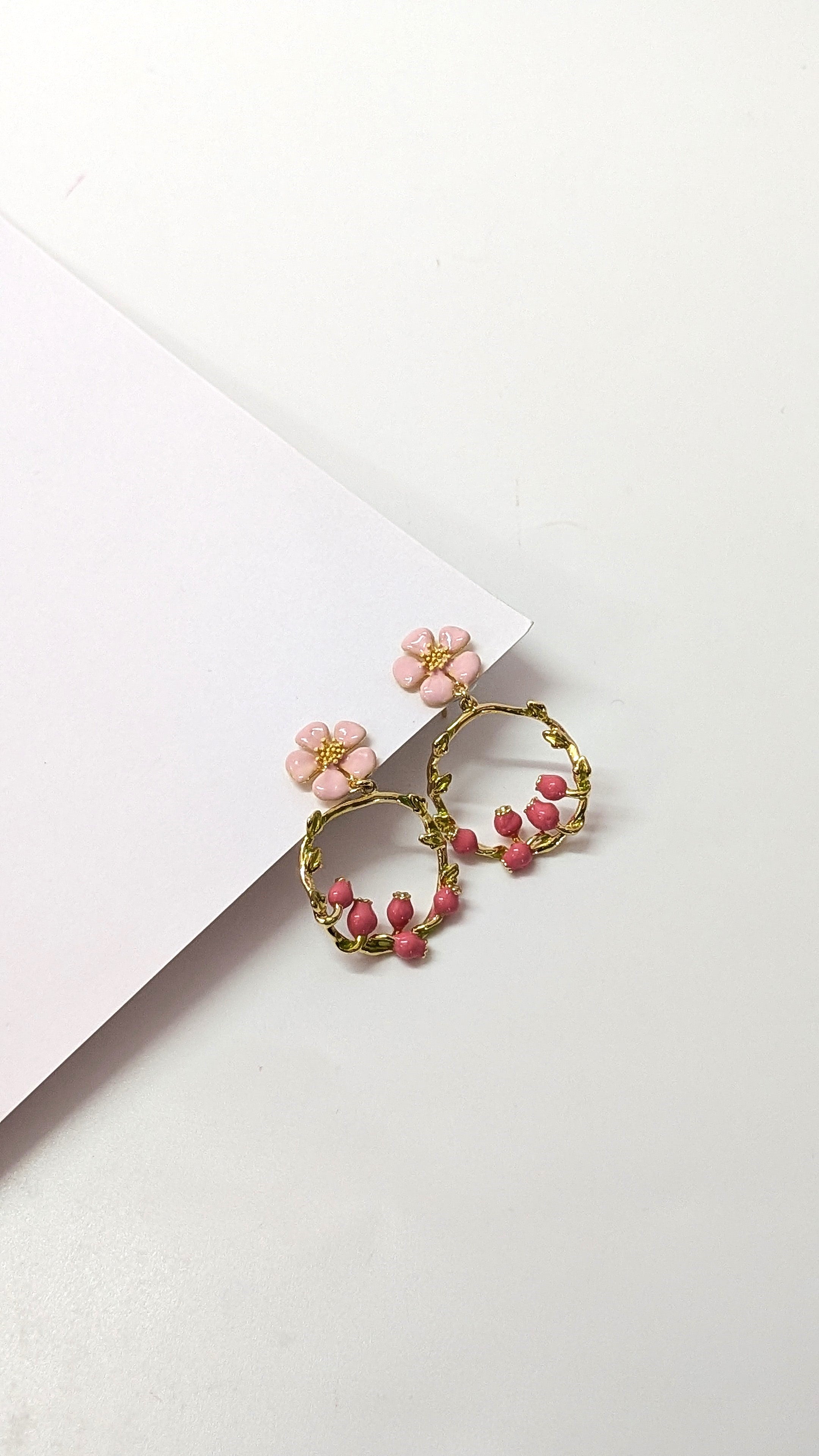 Pink Gold Dainty Floral Hoop Earrings