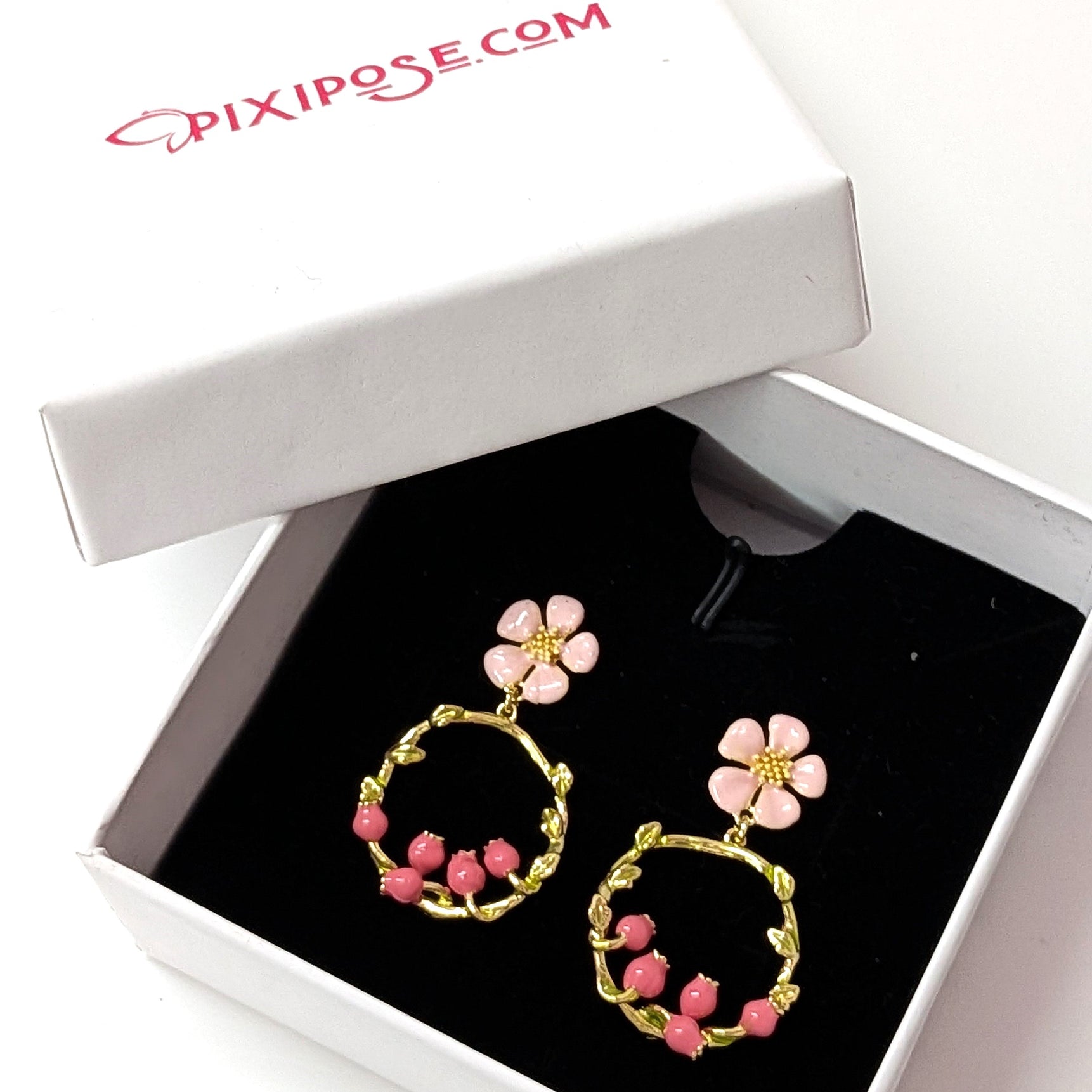 Pink Gold Dainty Floral Hoop Earrings