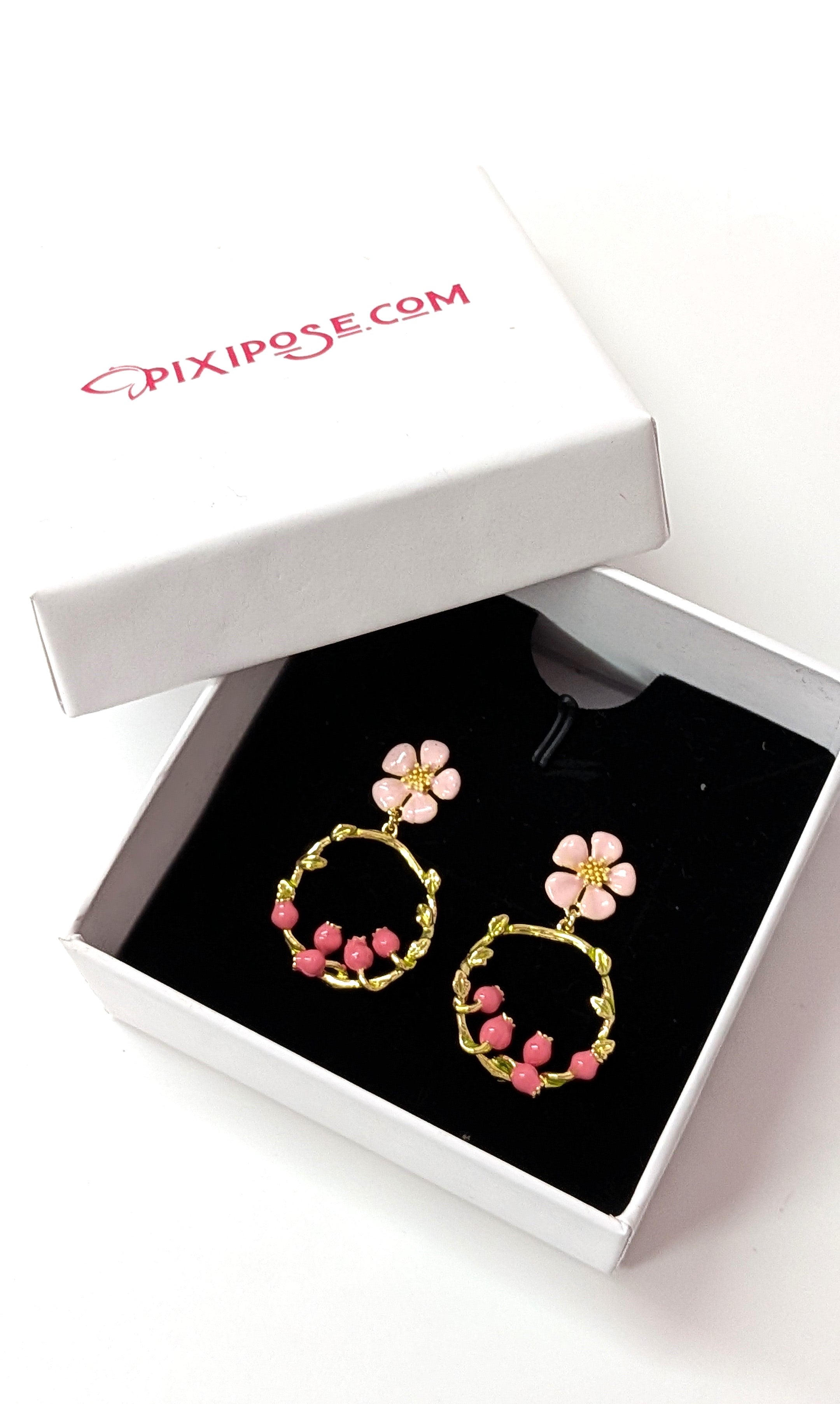 Pink Gold Dainty Floral Hoop Earrings