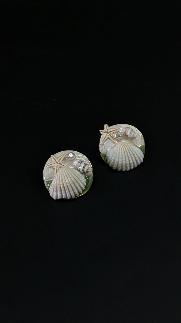 Coastal Charm Seashell Beach Theme with Pearls Stud Earrings