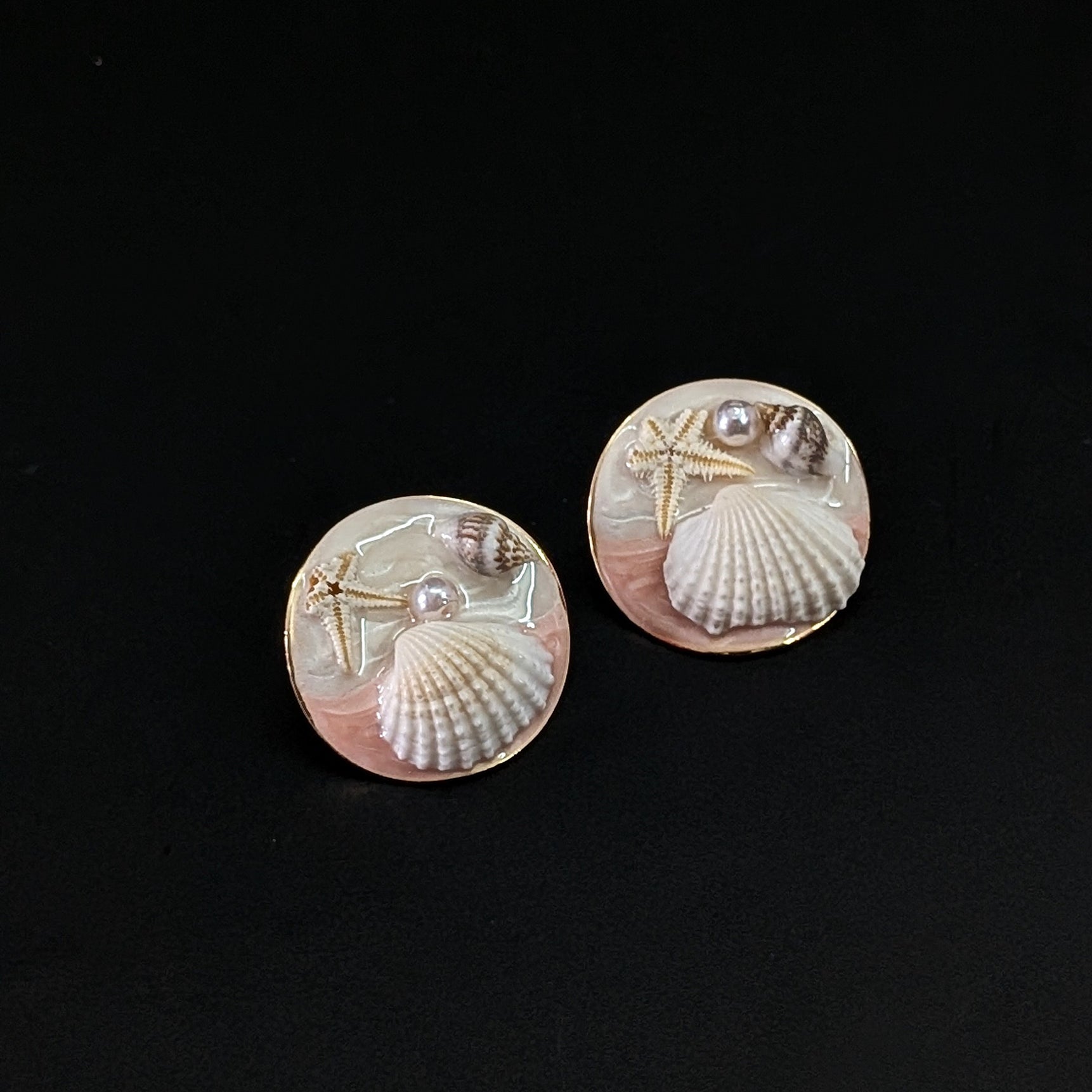 Pink Ocean-Inspired Seashell Stud Earrings with Pearl & Starfish