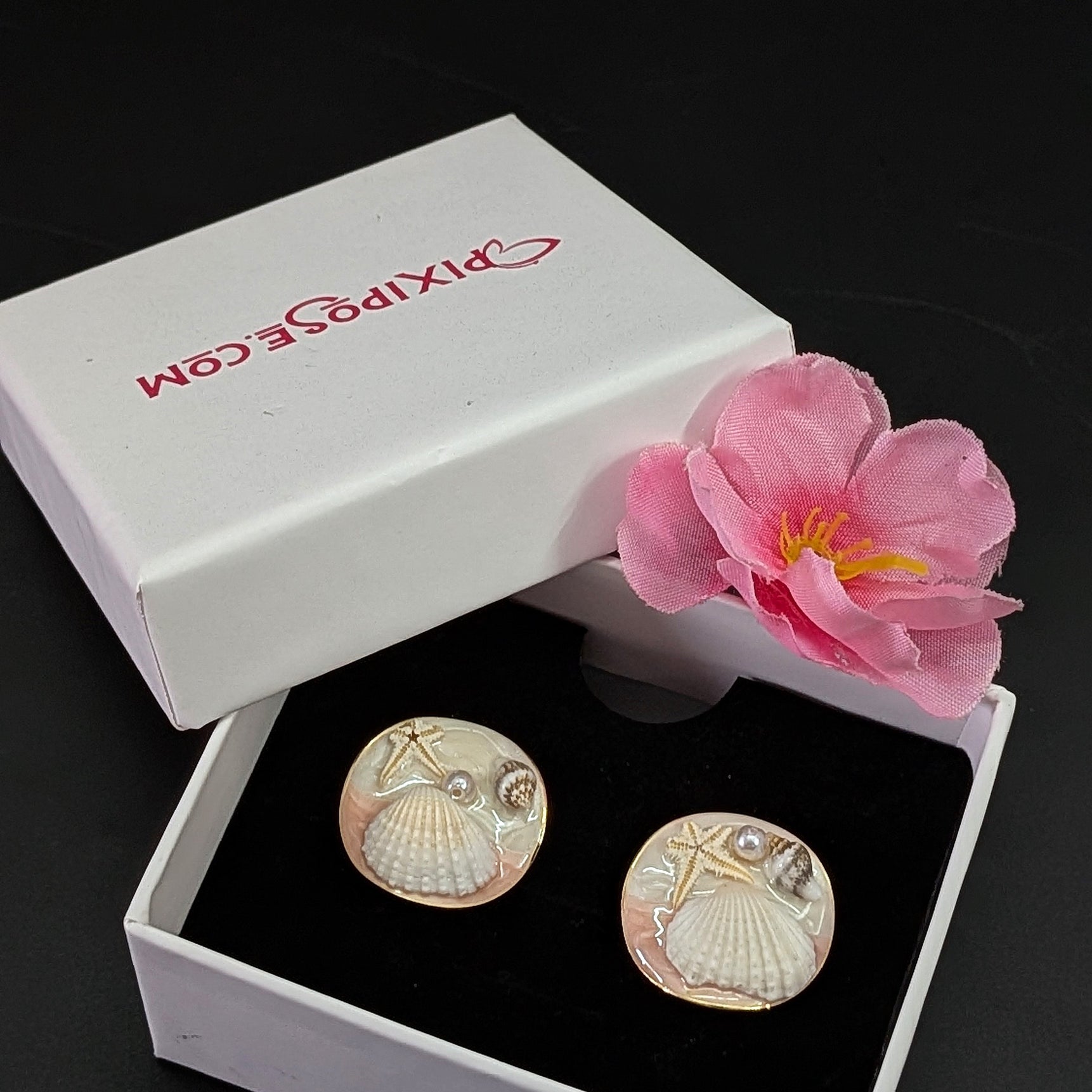 Pink Ocean-Inspired Seashell Stud Earrings with Pearl & Starfish