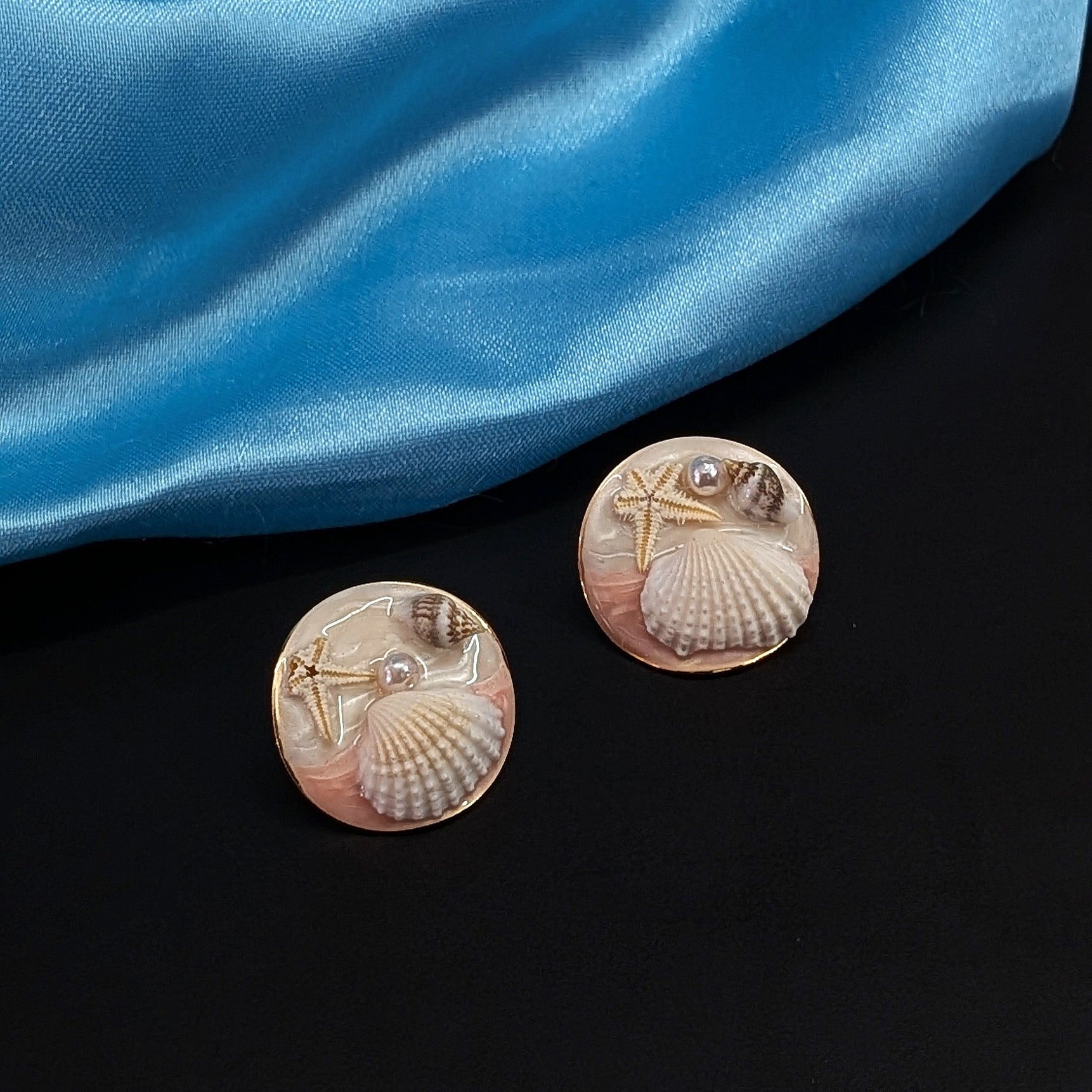 Pink Ocean-Inspired Seashell Stud Earrings with Pearl & Starfish