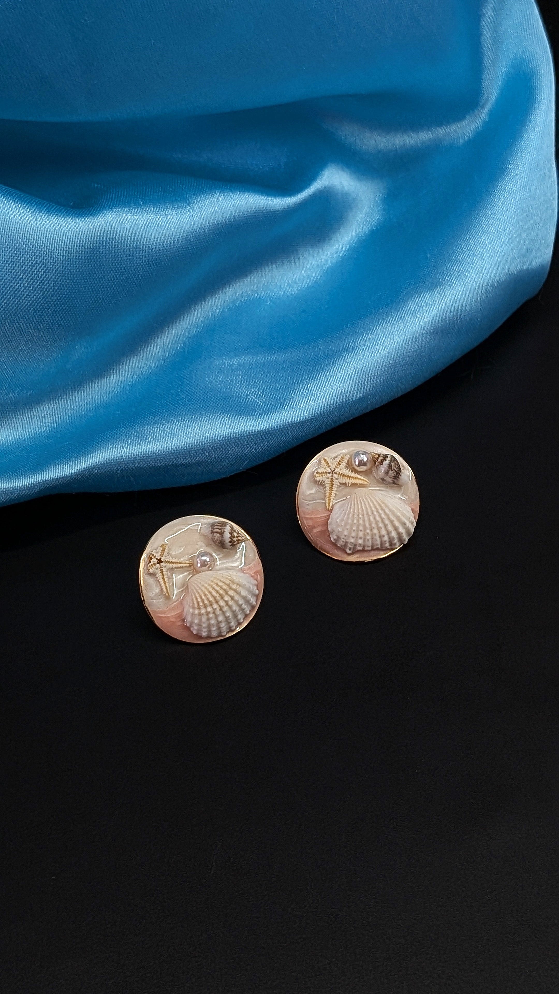 Pink Ocean-Inspired Seashell Stud Earrings with Pearl & Starfish