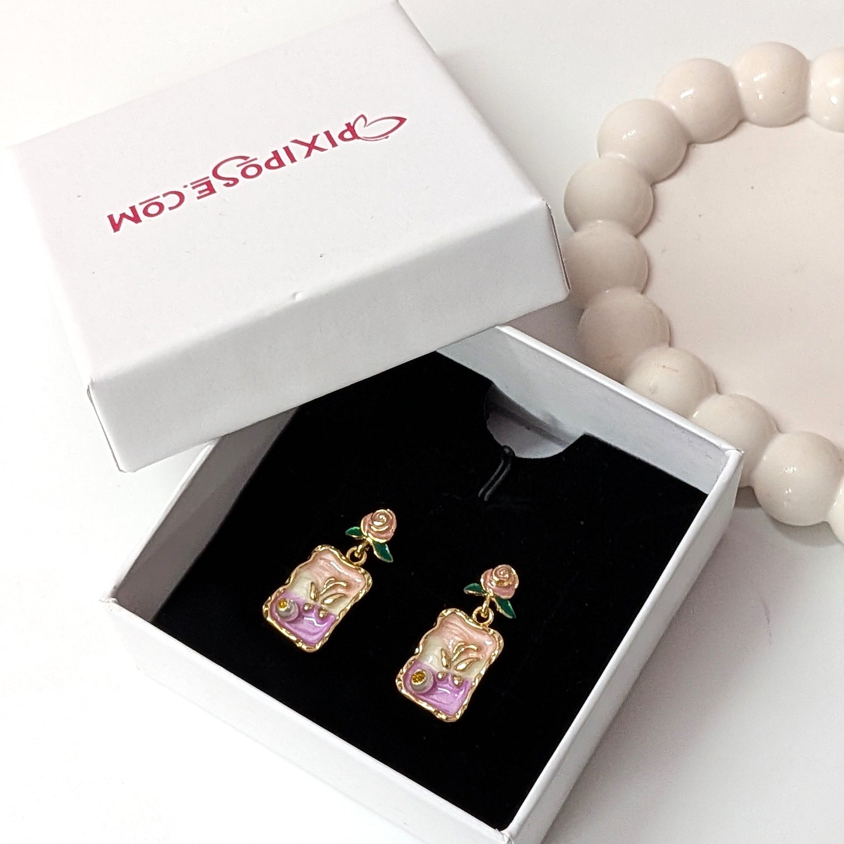 Pink & Purple Elegant Floral Enamel Vintage Drop Earrings