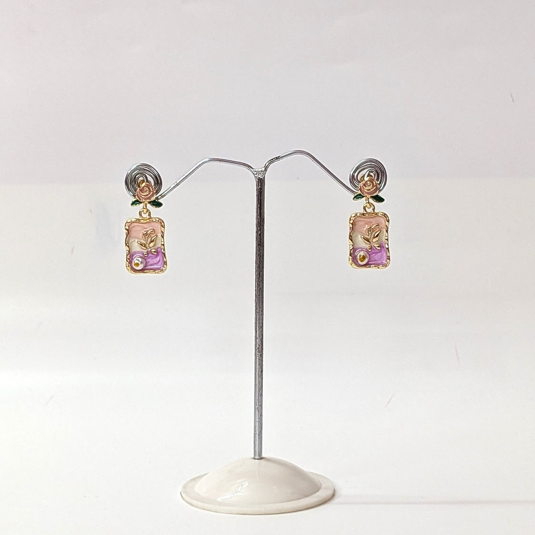 Pink & Purple Elegant Floral Enamel Vintage Drop Earrings