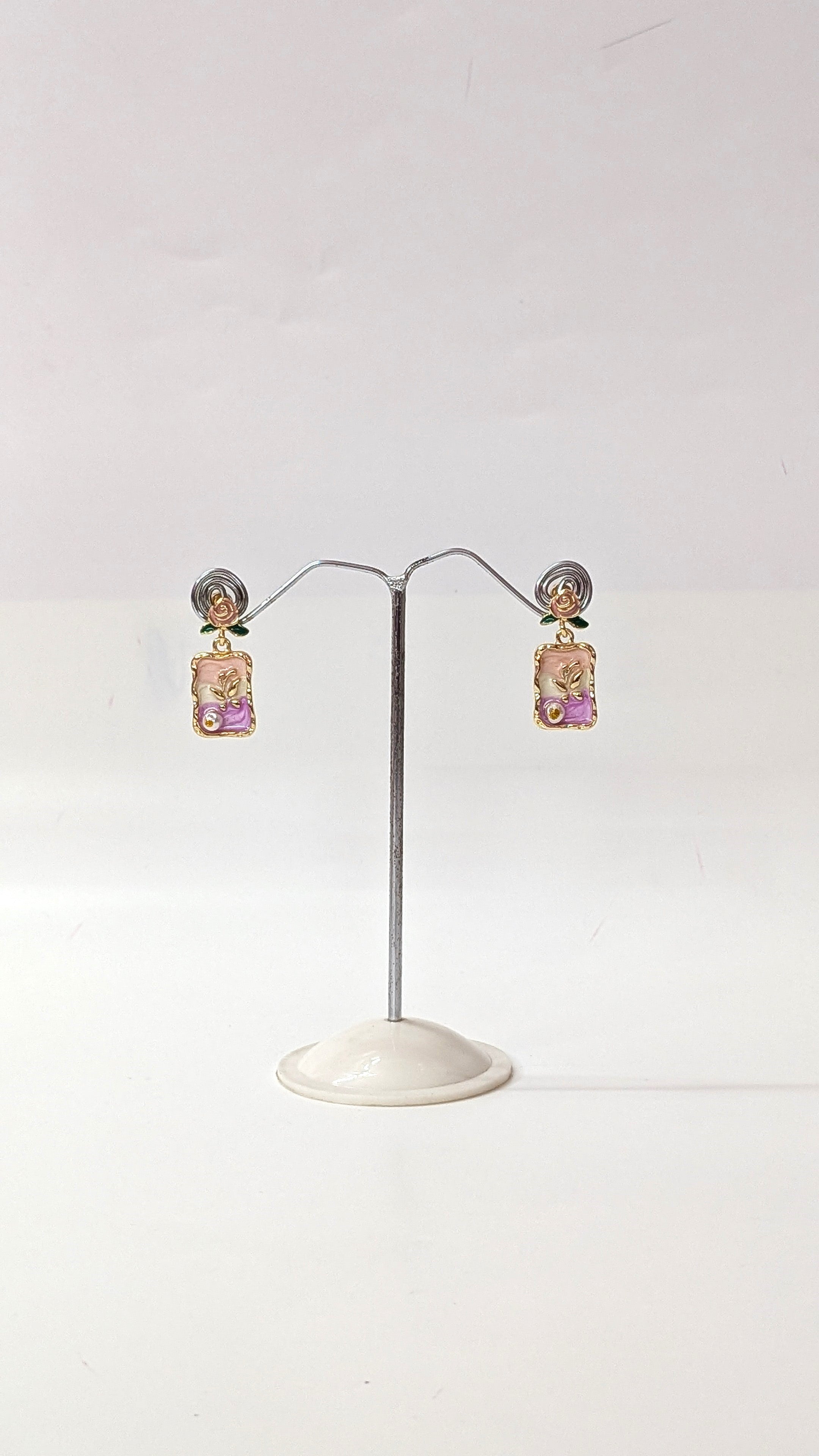 Pink & Purple Elegant Floral Enamel Vintage Drop Earrings