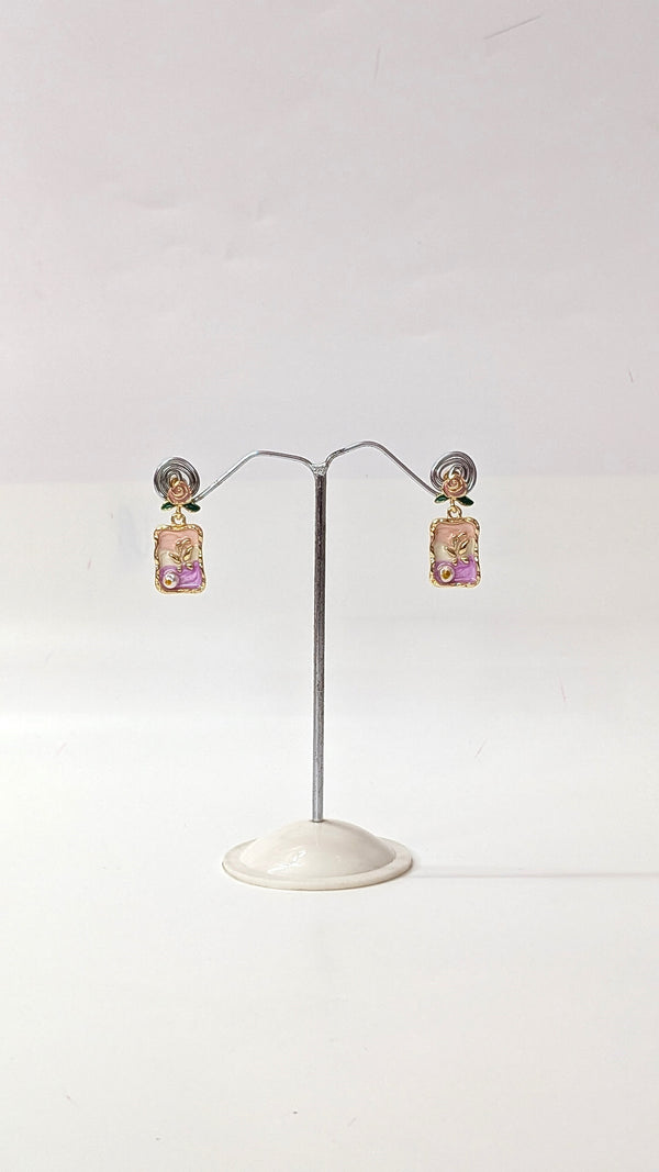 Pink & Purple Elegant Floral Enamel Vintage Drop Earrings
