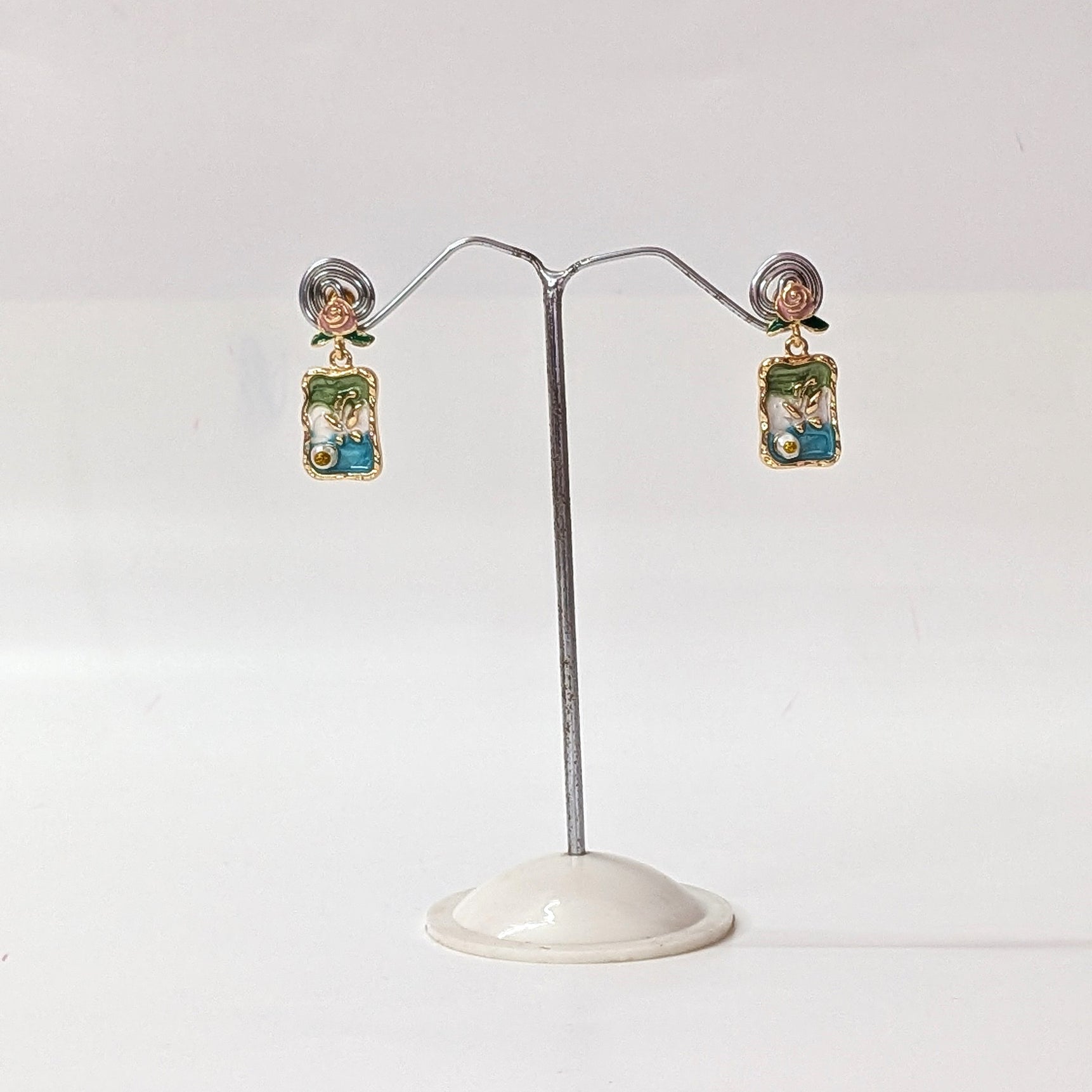 Vintage Blue Floral Rectangle Artistic Drop Earrings