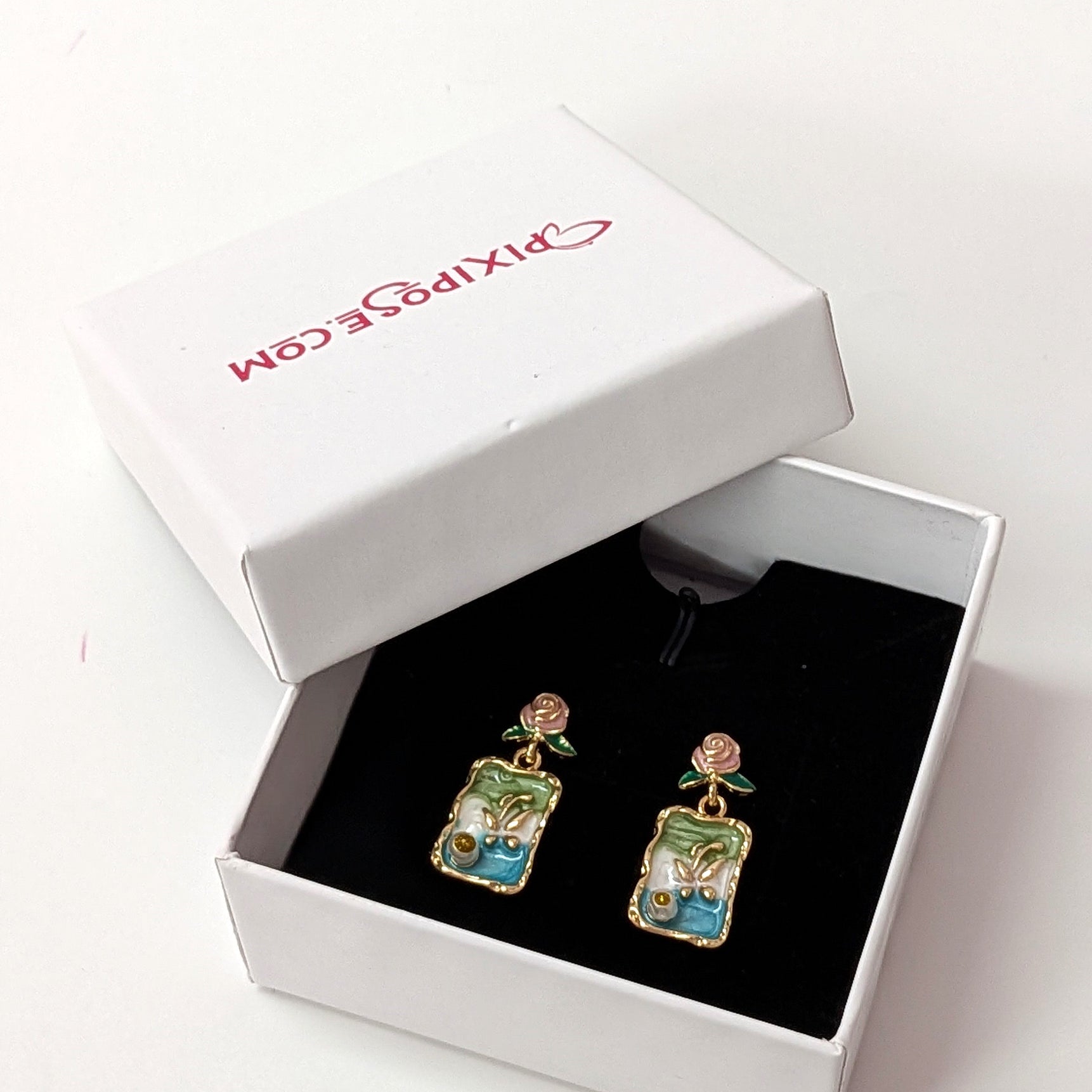 Vintage Blue Floral Rectangle Artistic Drop Earrings