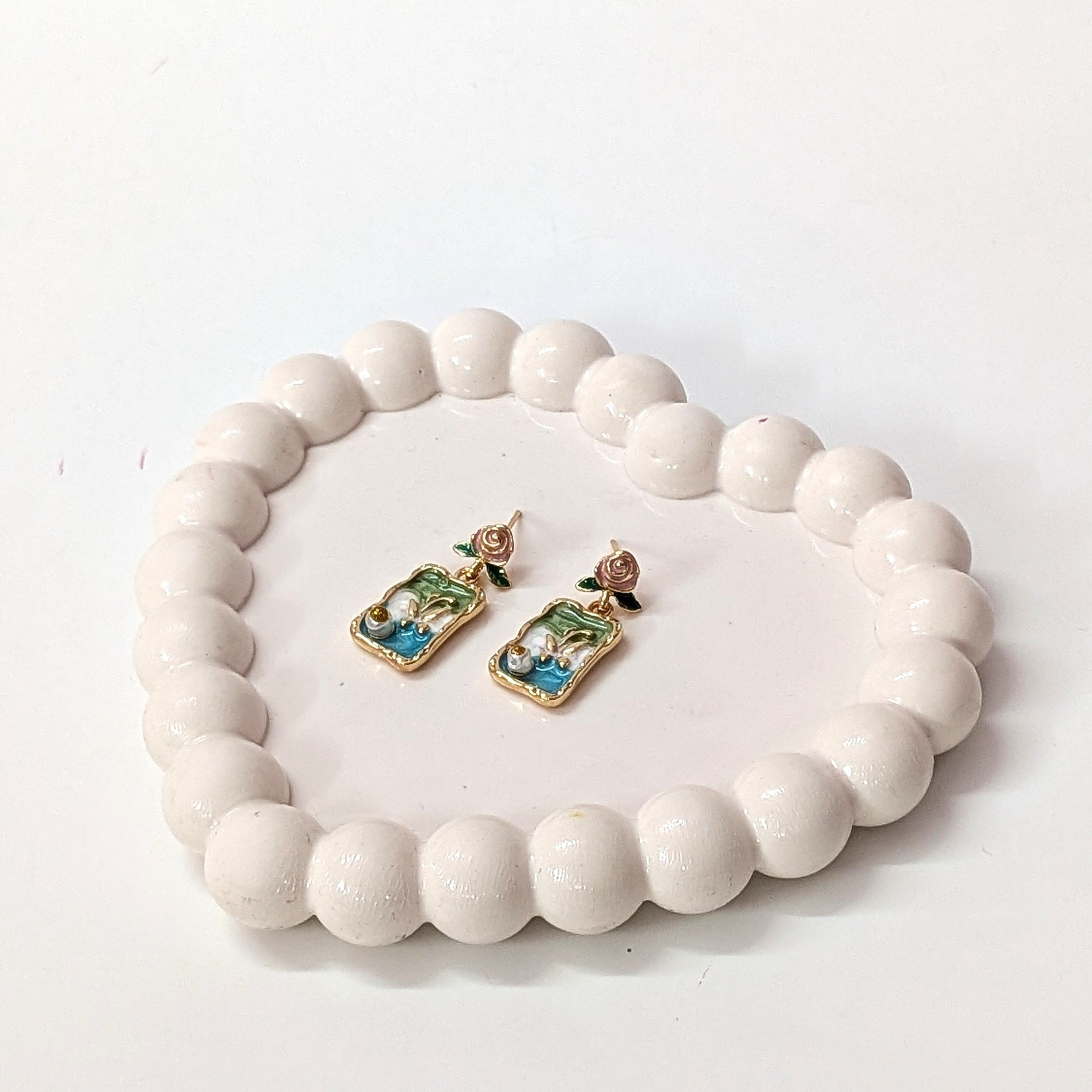 Vintage Blue Floral Rectangle Artistic Drop Earrings