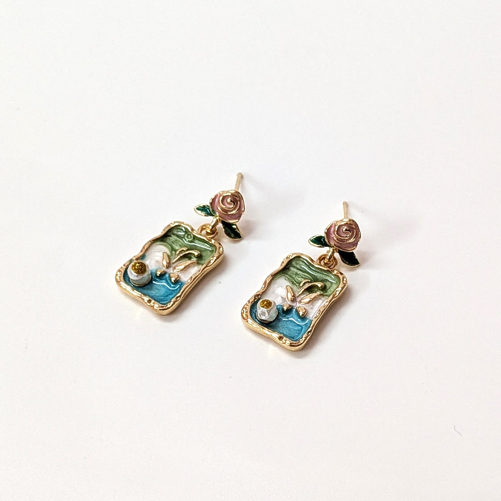 Vintage Blue Floral Rectangle Artistic Drop Earrings