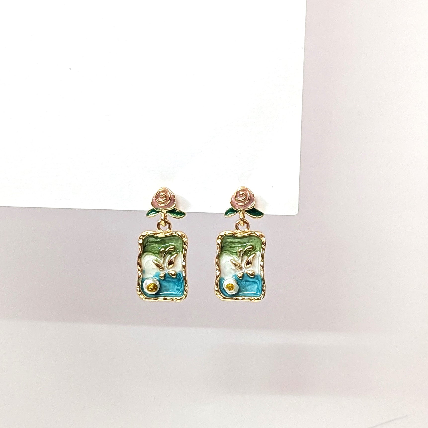 Vintage Blue Floral Rectangle Artistic Drop Earrings
